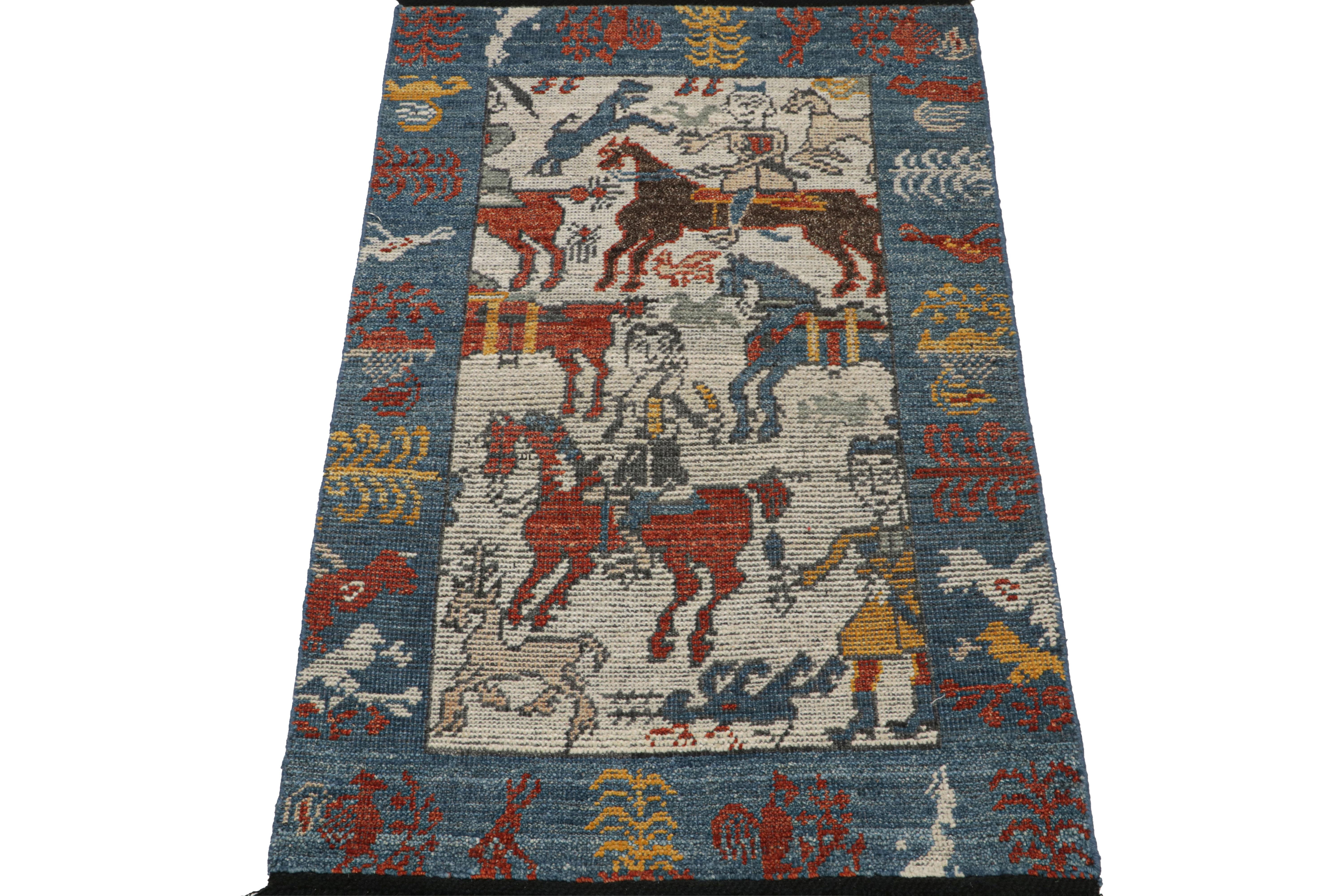 As Inspired by tribal and Caucasian pictorial rugs with a particular love of humans and horses, this 2x3 modern architectural rug from our Burano collection is hand knotted in wool. 

On the Design: 

The field features horseback warriors in rich,