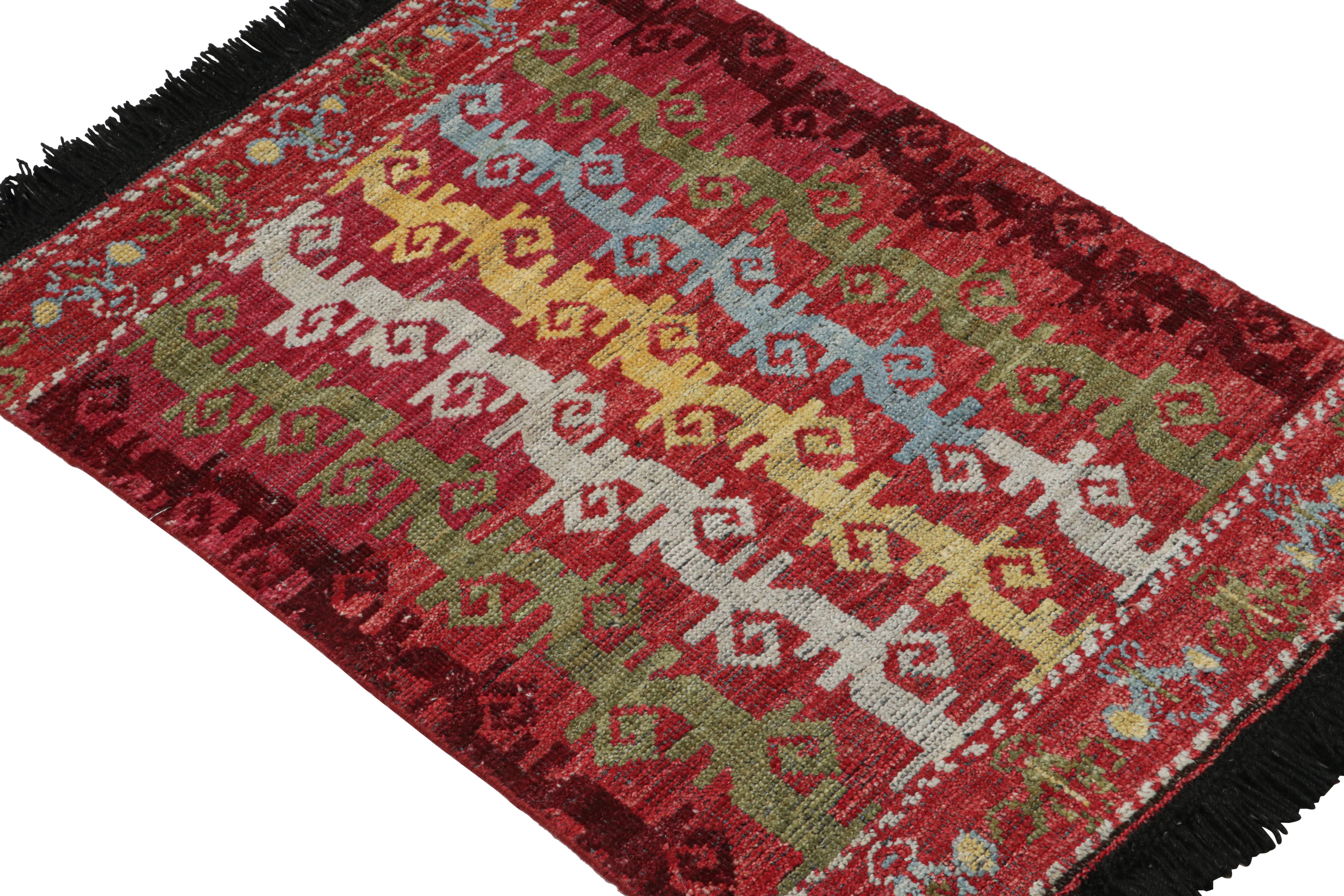 Inspired by antique tribal rugs and Caucasian pieces with vine scroll patterns, like those depicted in the field against warm, coral red undertones, this 2x3 rug from our Burano collection is hand knotted in wool. 

On the Design: 

The field