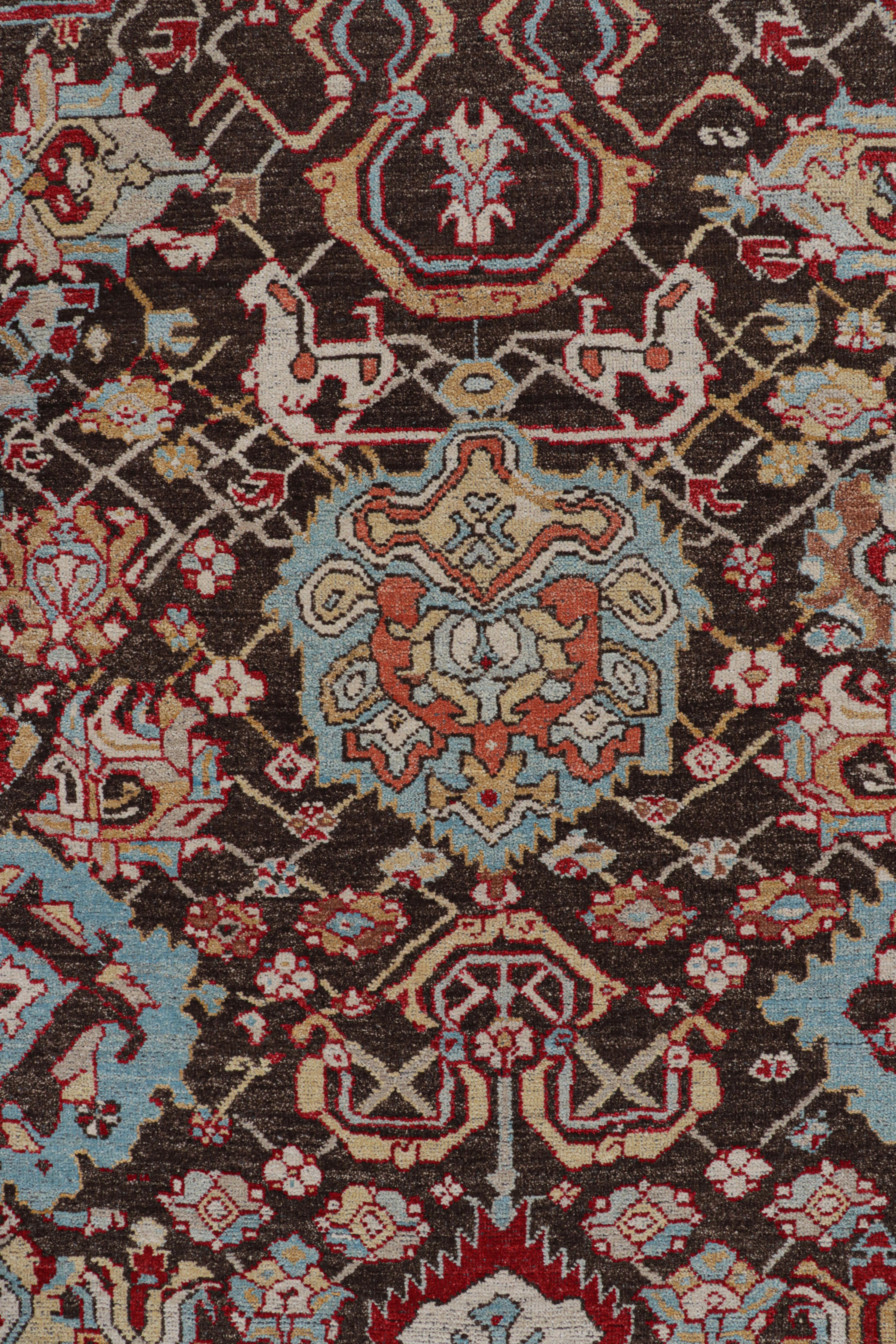 Indian Rug & Kilim’s Caucasian Tribal Style Rug in Brown with Polychrome Floral Pattern For Sale