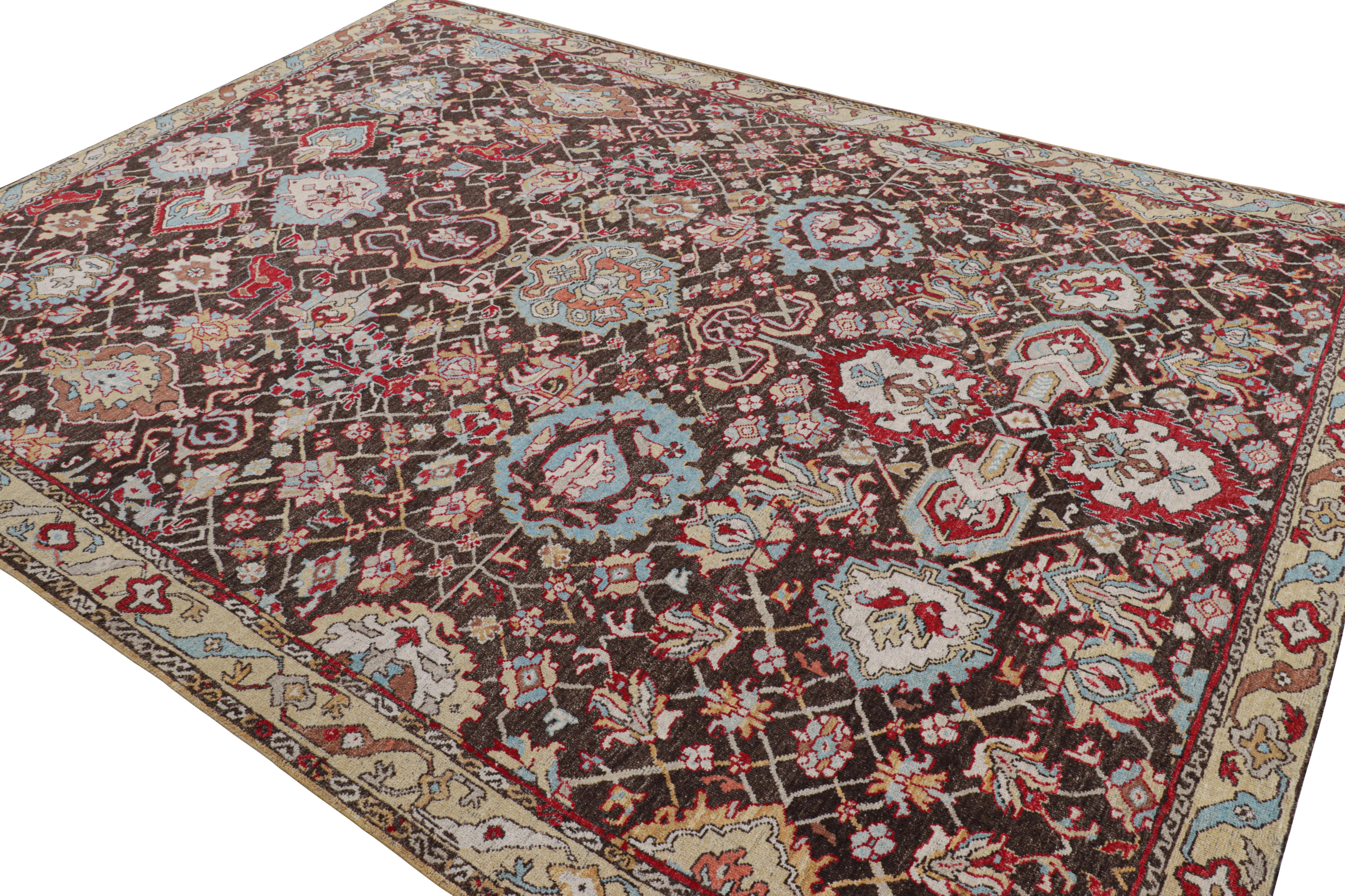 Hand-Knotted Rug & Kilim’s Caucasian Tribal Style Rug in Brown with Polychrome Floral Pattern For Sale