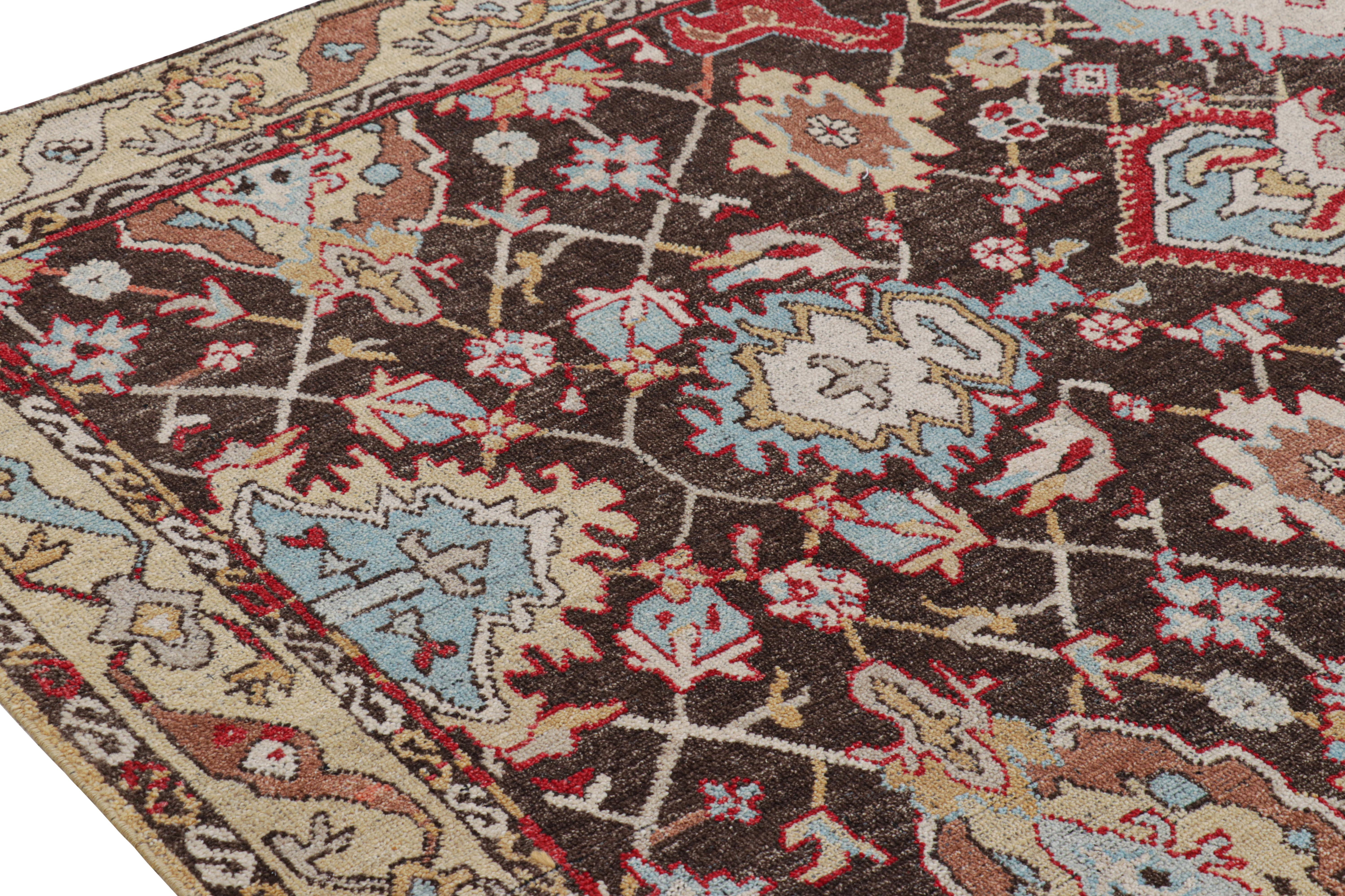 Contemporary Rug & Kilim’s Caucasian Tribal Style Rug in Brown with Polychrome Floral Pattern For Sale