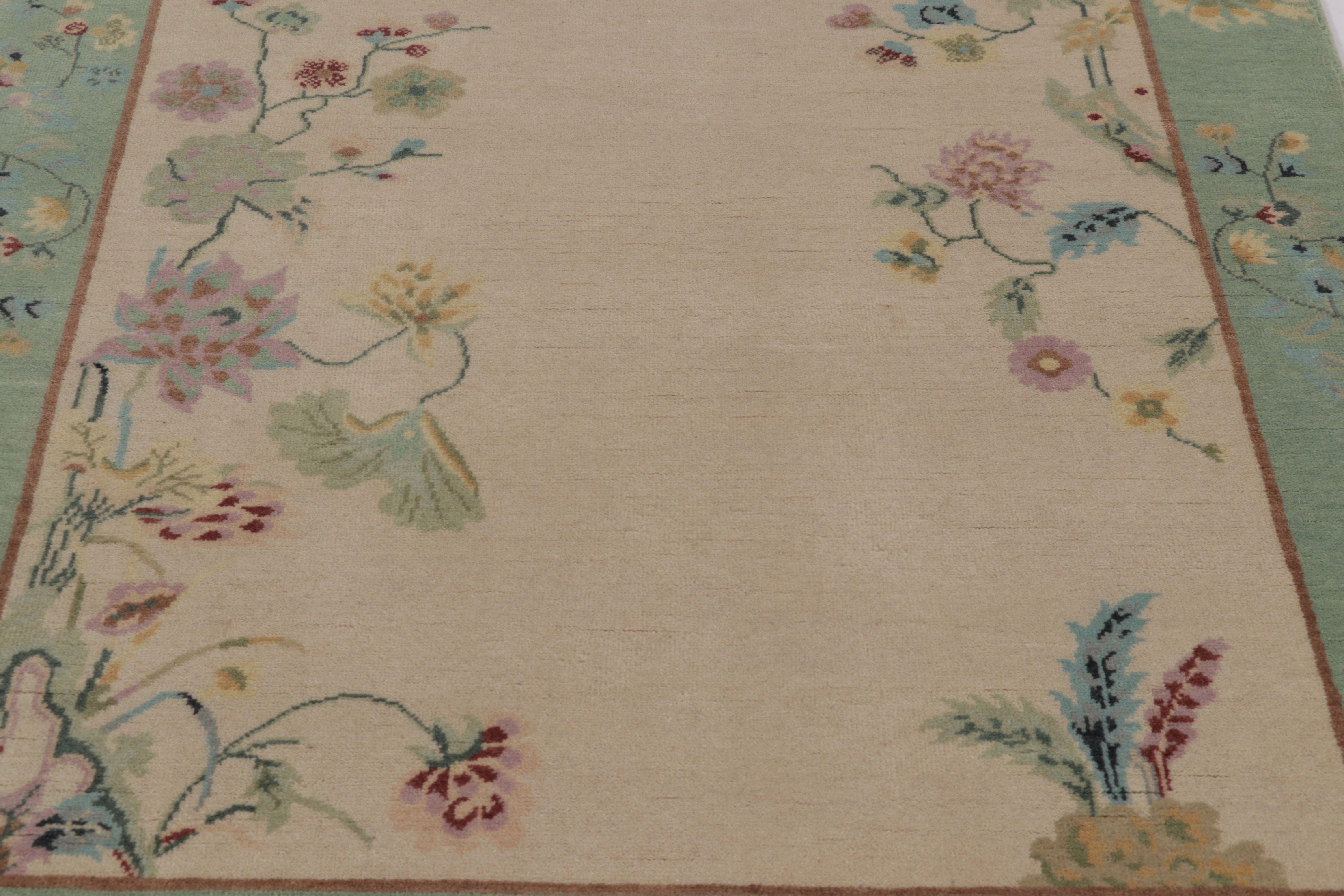 Indian Rug & Kilim’s Chinese Art Deco Inspired Custom Rug Design with Elegant Florals For Sale