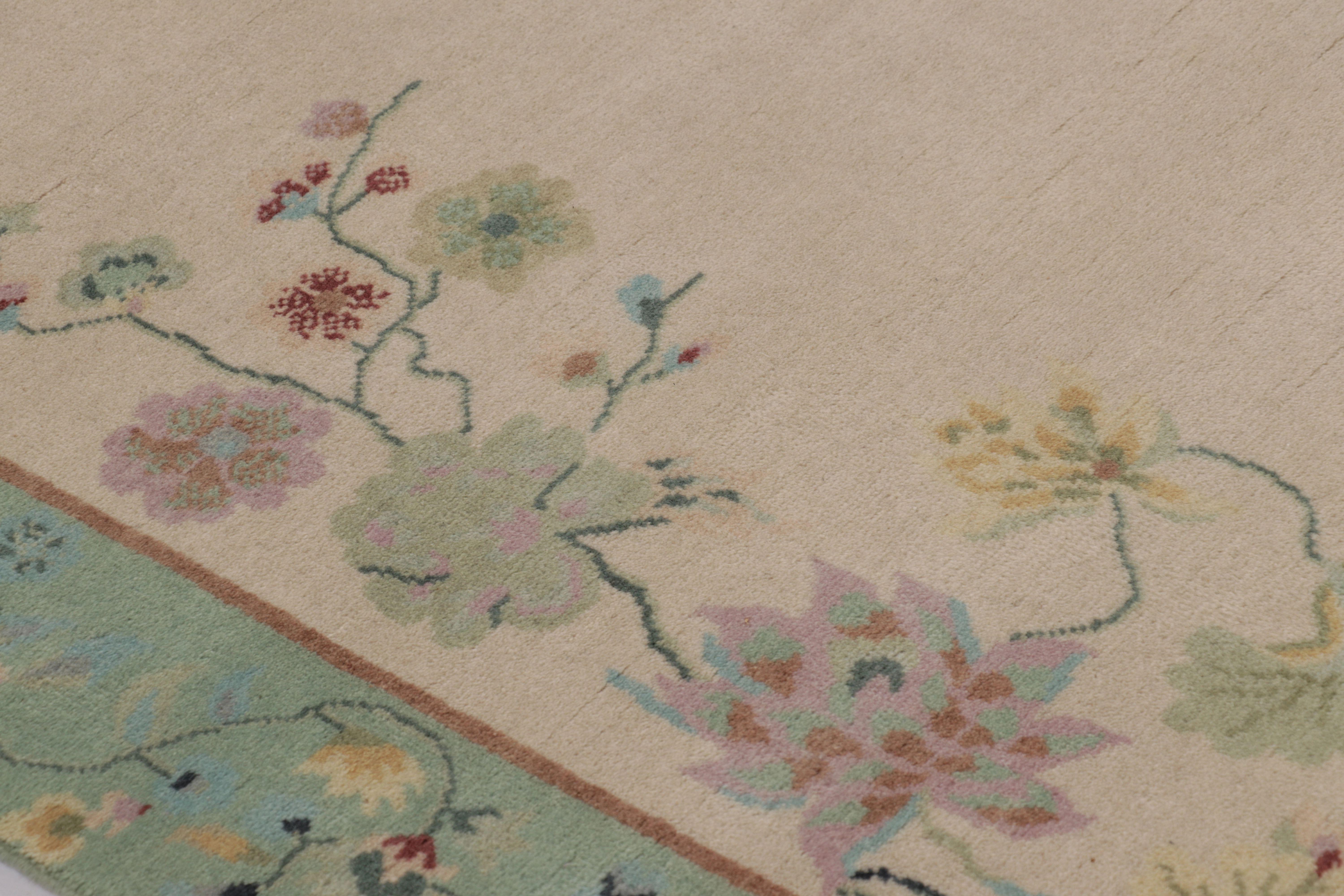 Hand-Knotted Rug & Kilim’s Chinese Art Deco Inspired Custom Rug Design with Elegant Florals For Sale