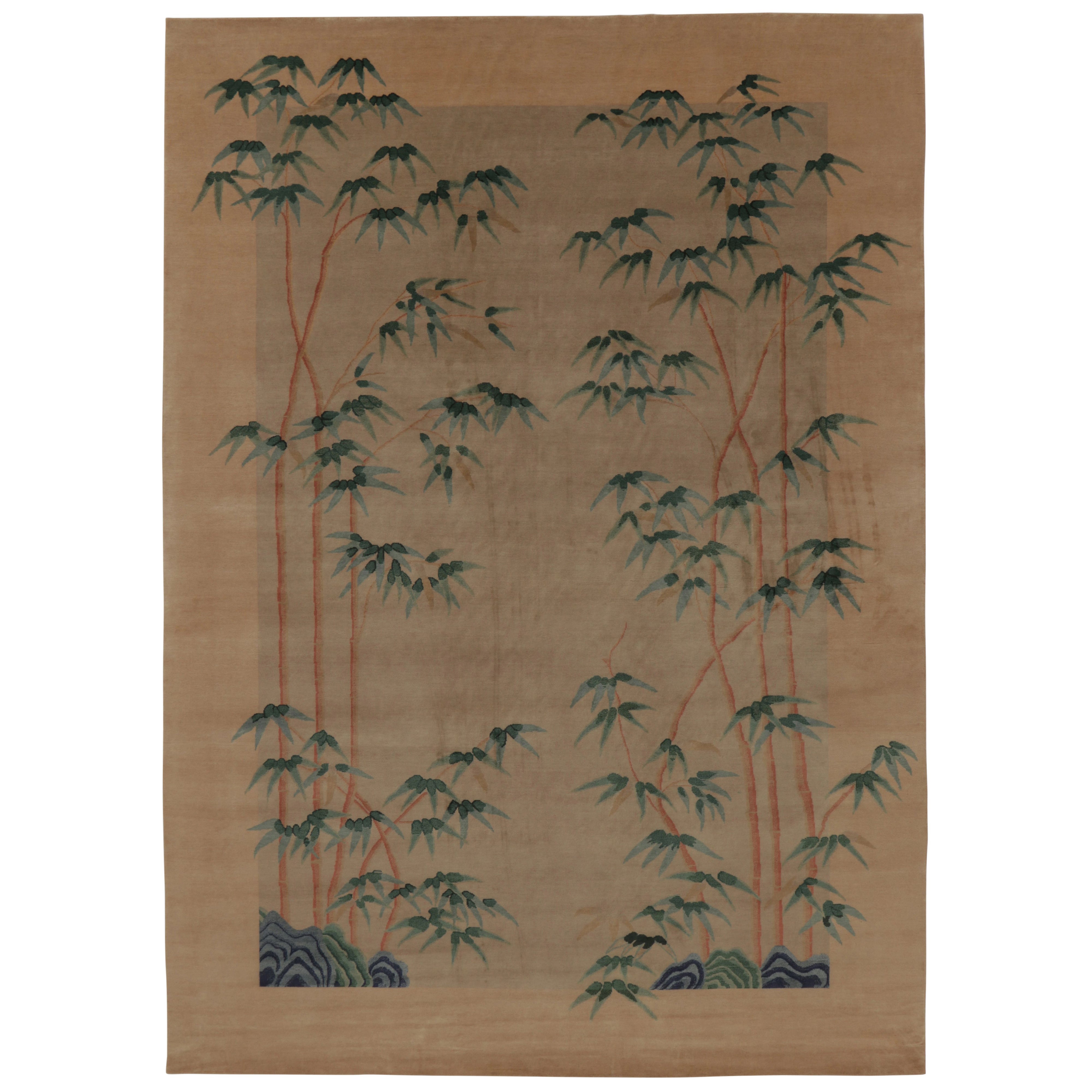 Rug 
Kilim’s Chinese Art Deco Inspired Rug, Beige with Teal Bamboo Tree Florals For Sale