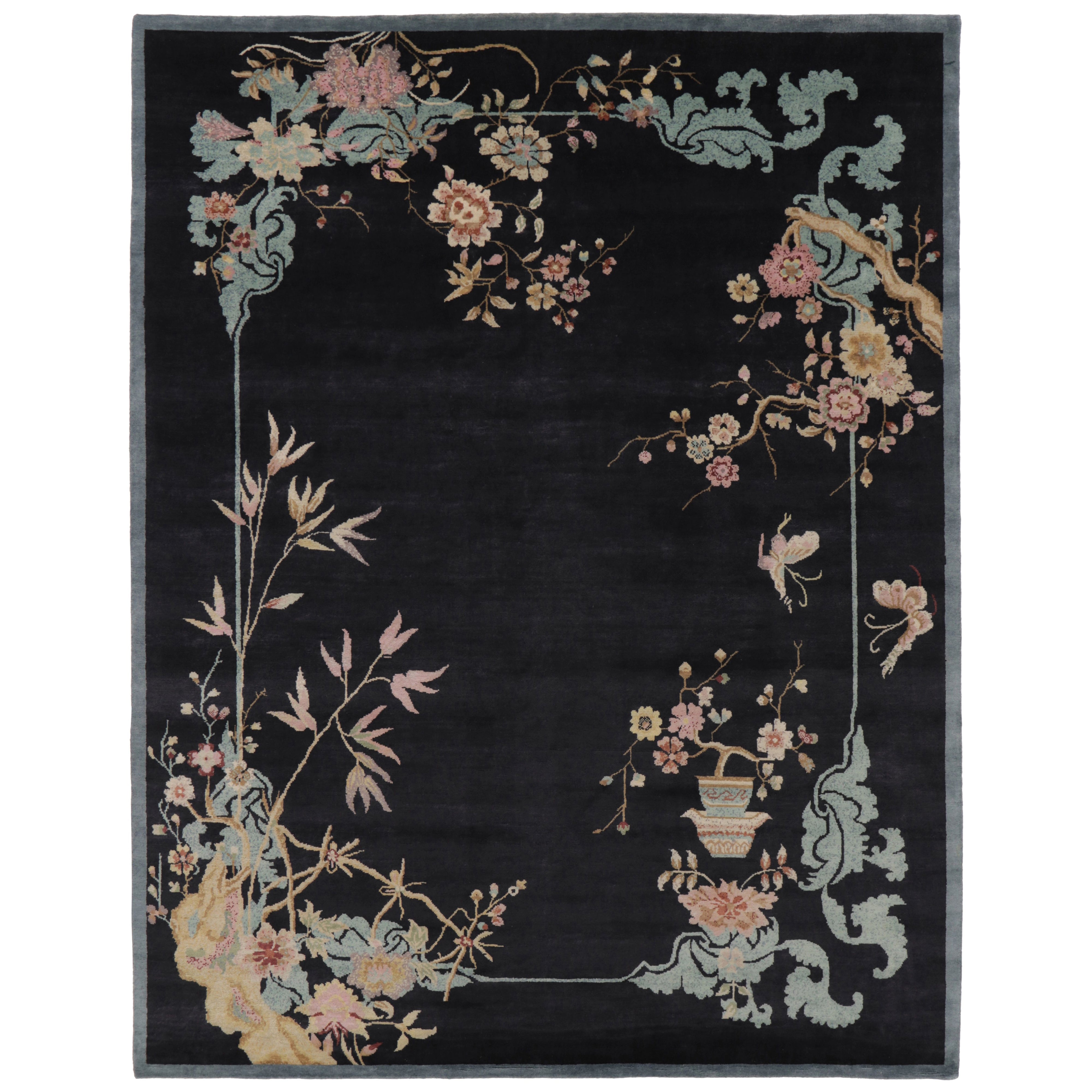 Rug 
Kilim’s Chinese Art Deco Inspired Rug, Elegant Florals on Midnight Blue For Sale