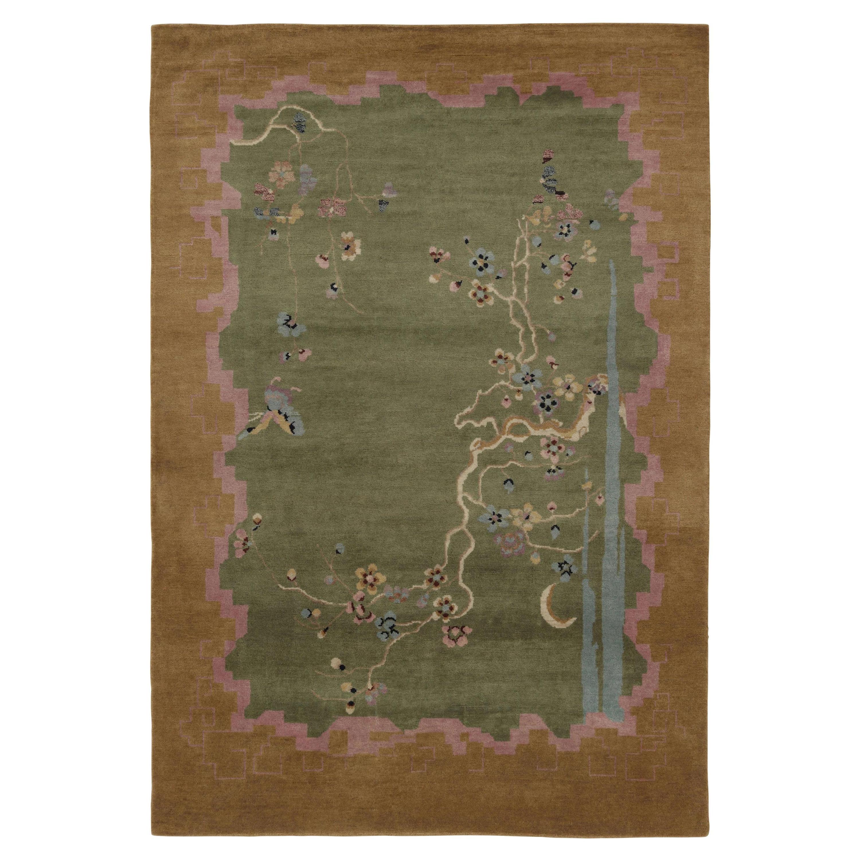 Rug 
Kilim’s Chinese Art Deco Inspired Rug, Green with Cherry Blossom Florals For Sale