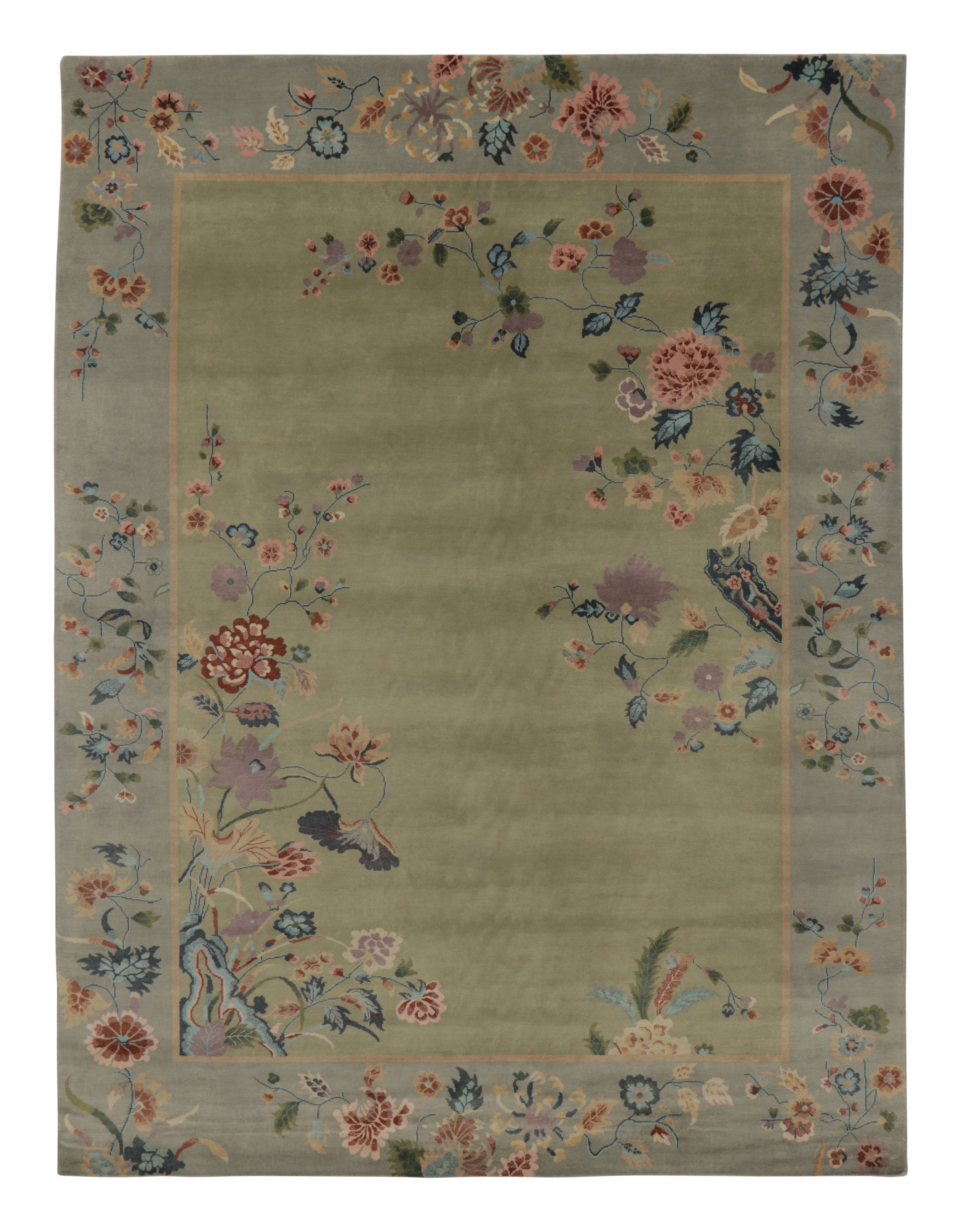 Rug 
Kilim’s Chinese Art Deco Inspired Rug, Light Green and Blue with Florals