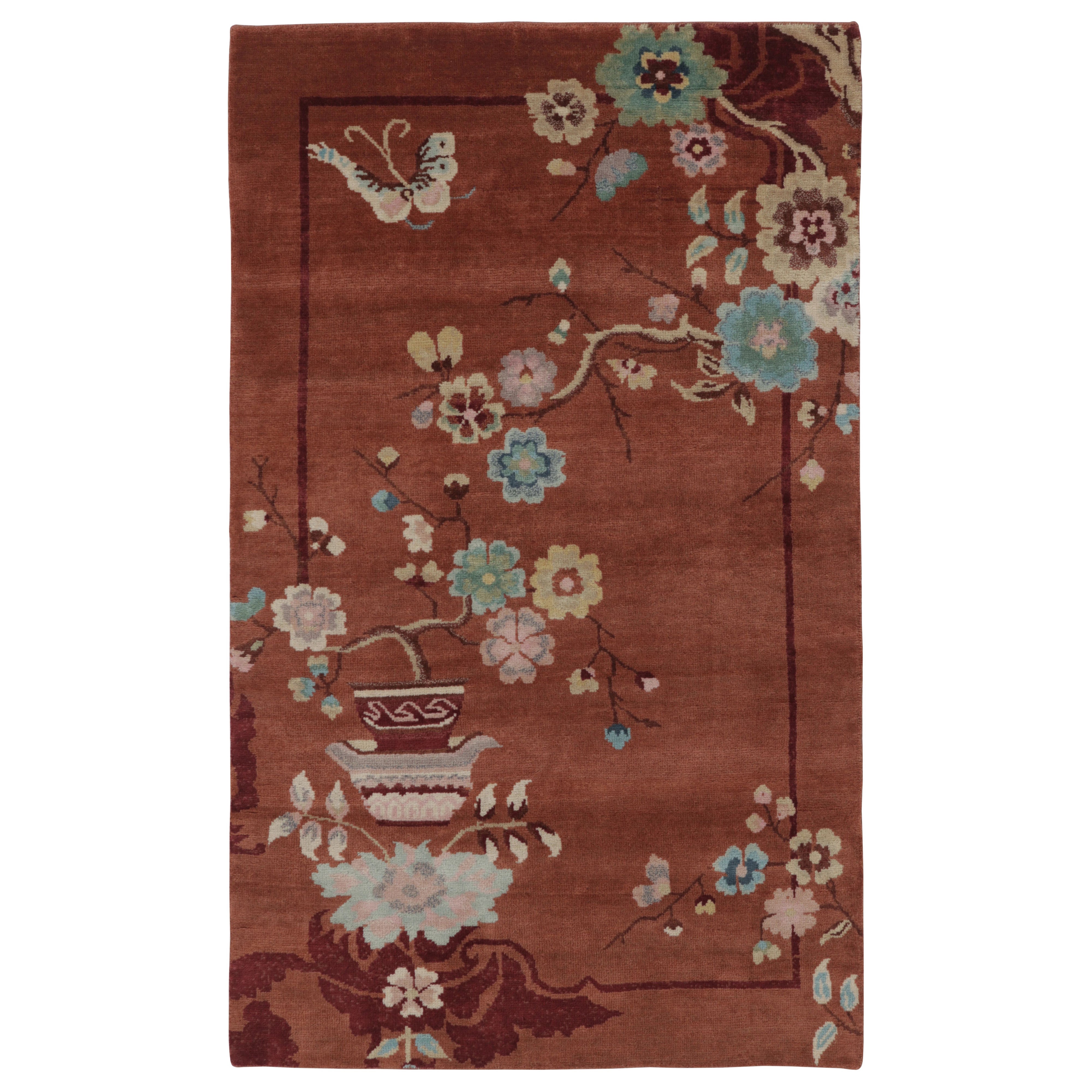 Rug 
Kilim’s Chinese Art Deco Inspired Rug, Vibrant Florals 
Figurals on Rust For Sale