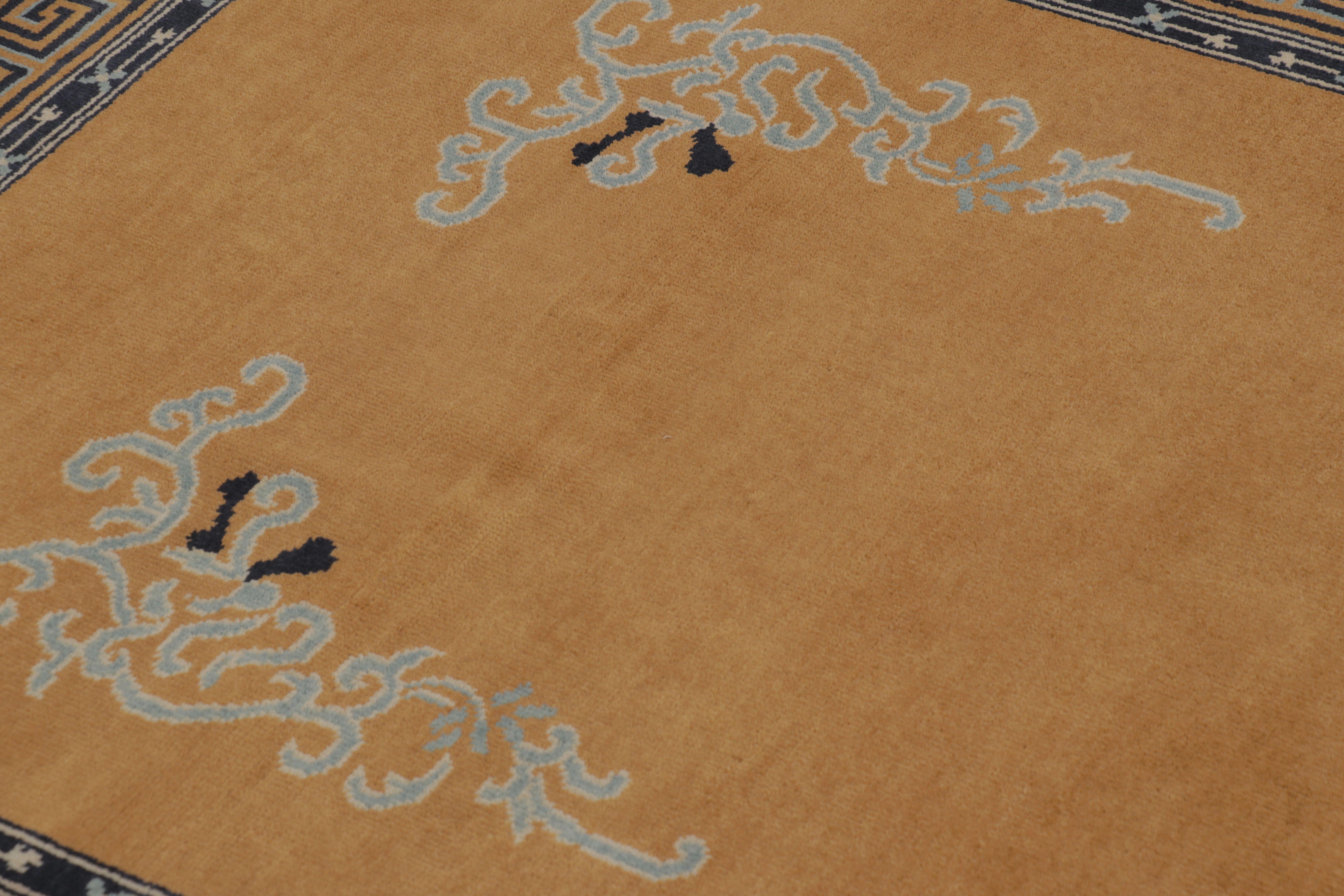 Indian Rug & Kilim’s Chinese Art Deco Inspired Square Rug, Brown with Greek Key Border For Sale