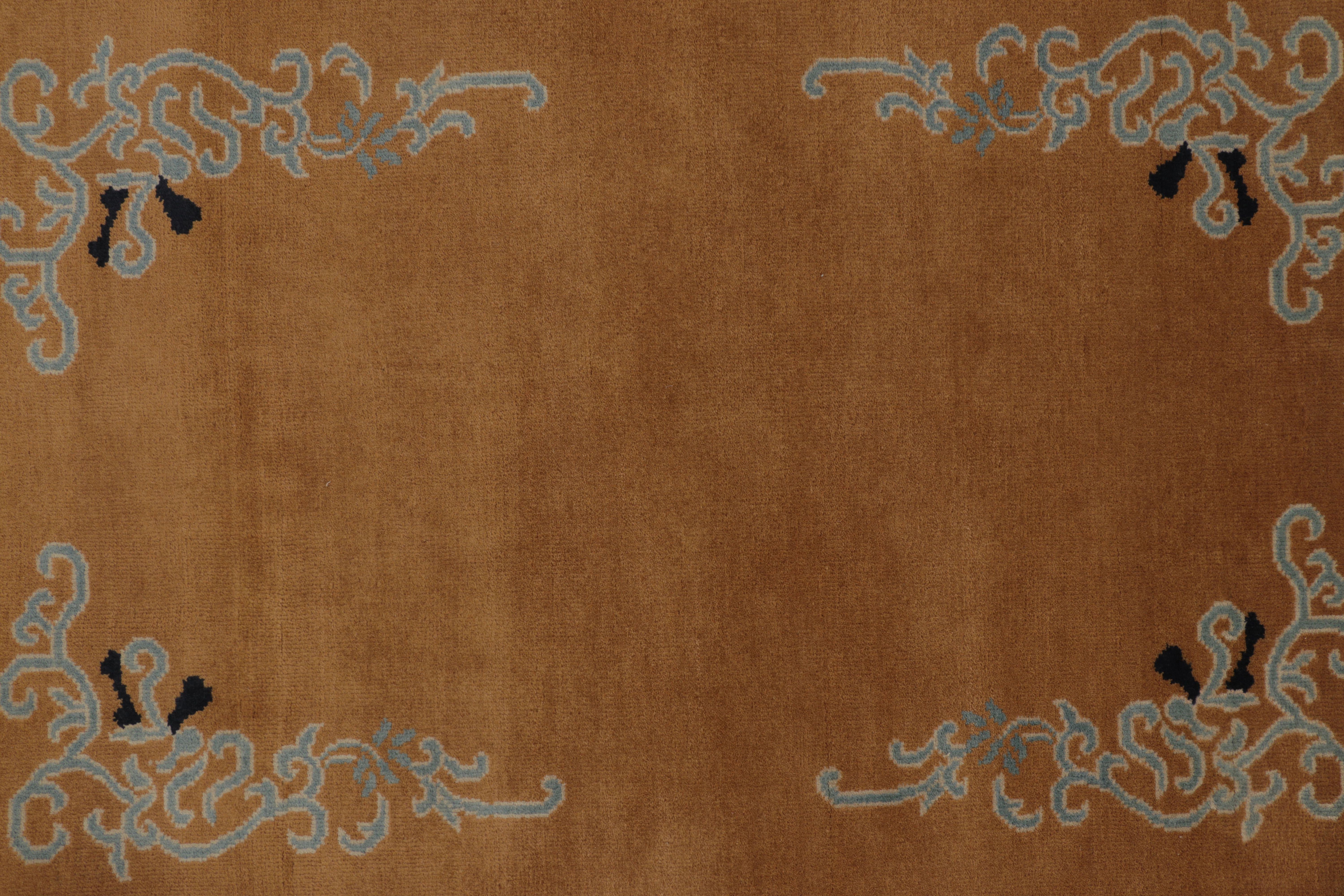 Hand-Knotted Rug & Kilim’s Chinese Art Deco Inspired Square Rug, Brown with Greek Key Border For Sale