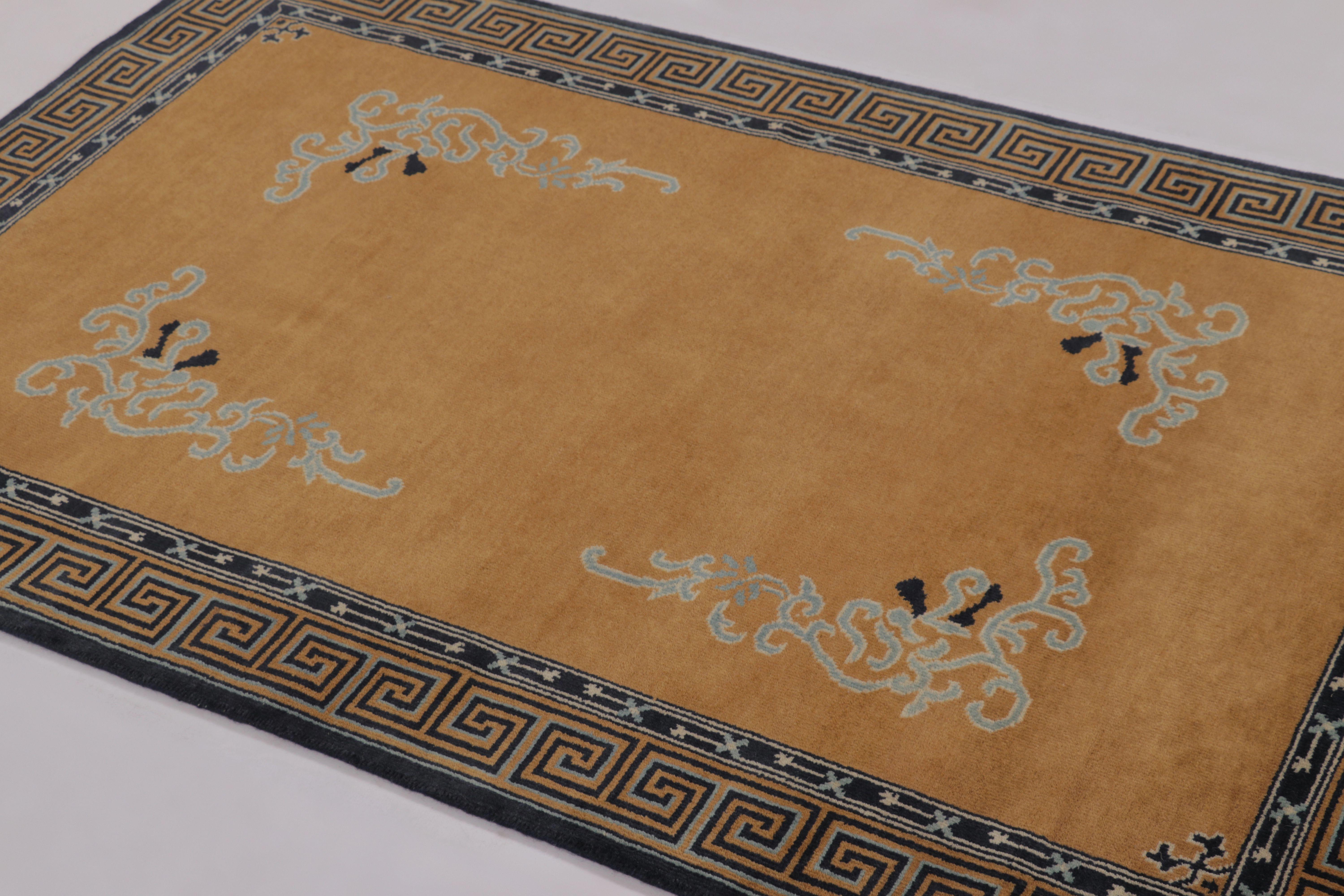 Rug & Kilim’s Chinese Art Deco Inspired Square Rug, Brown with Greek Key Border In New Condition For Sale In Long Island City, NY