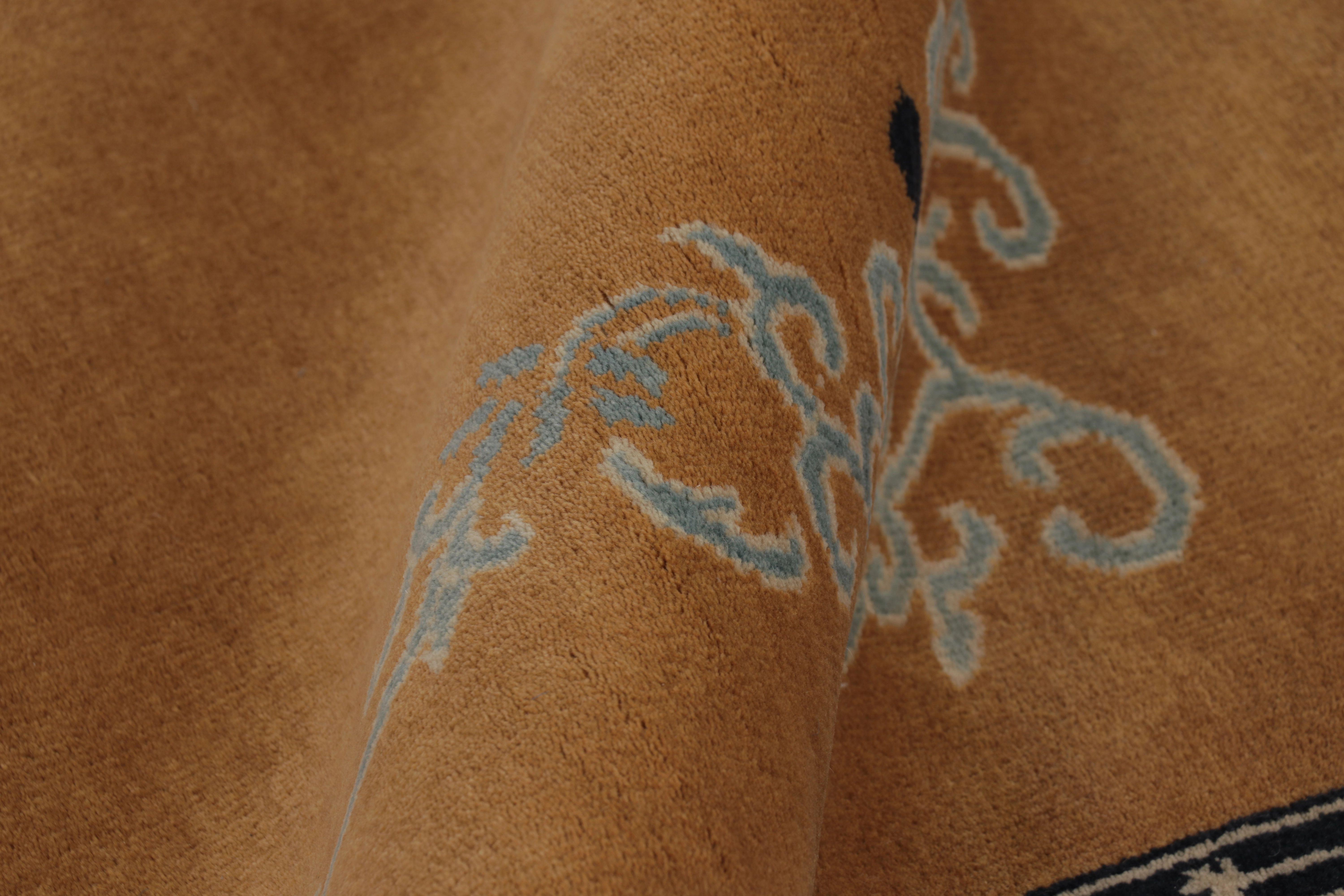 Wool Rug & Kilim’s Chinese Art Deco Inspired Square Rug, Brown with Greek Key Border For Sale