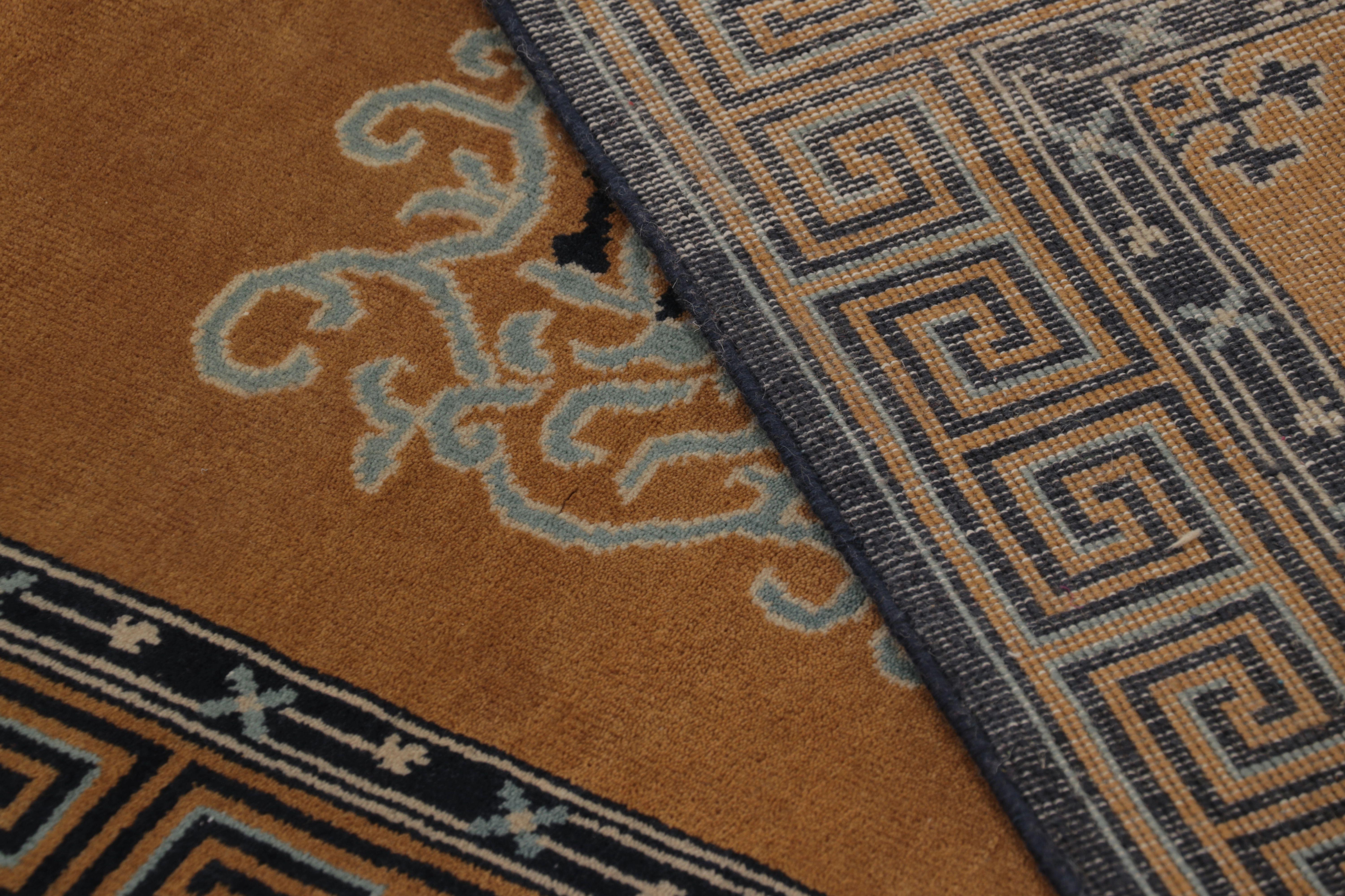 Rug & Kilim’s Chinese Art Deco Inspired Square Rug, Brown with Greek Key Border For Sale 1