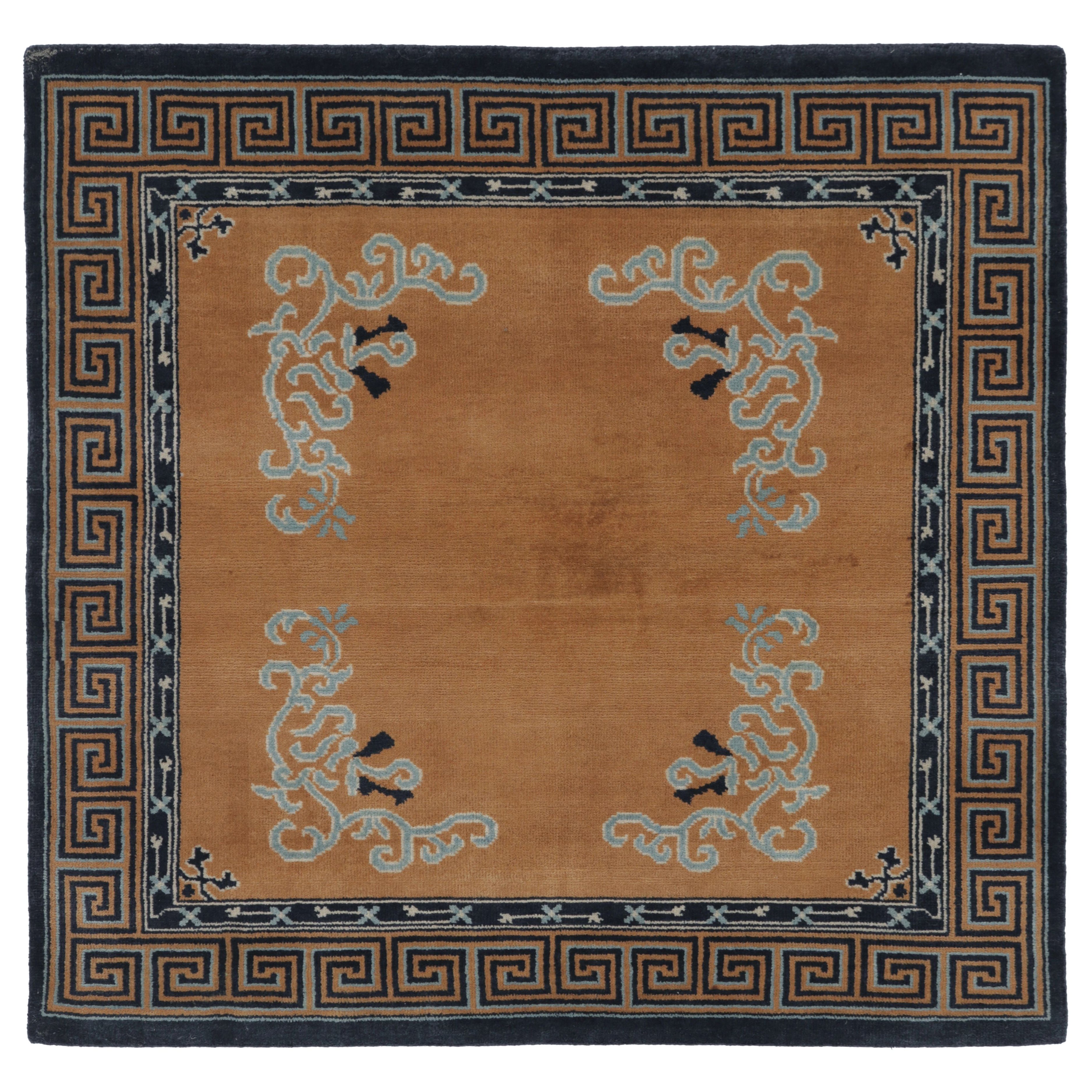 Rug 
Kilim’s Chinese Art Deco Inspired Square Rug, Brown with Greek Key Border For Sale