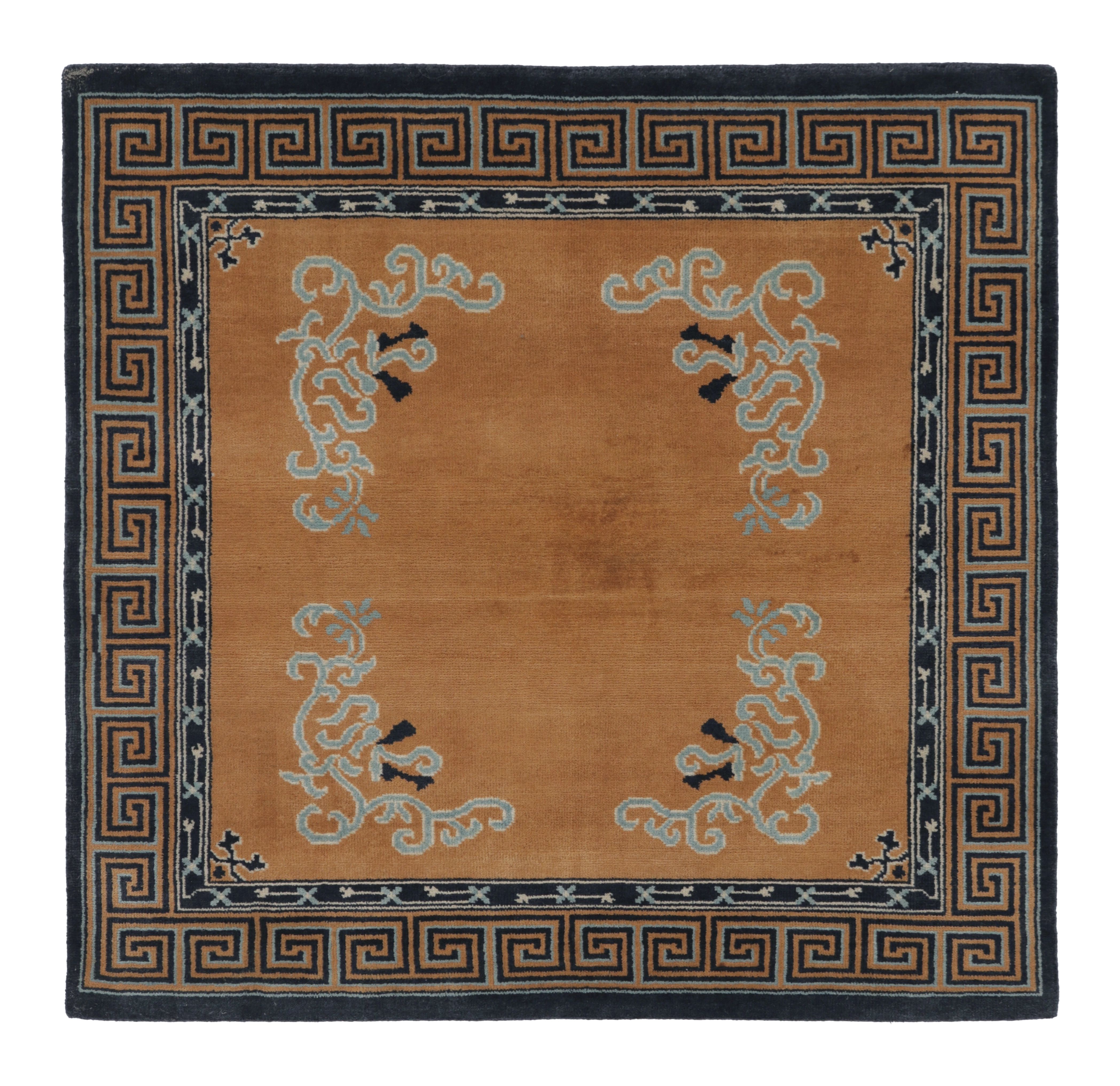 Rug & Kilim’s Chinese Art Deco Inspired Square Rug, Brown with Greek Key Border