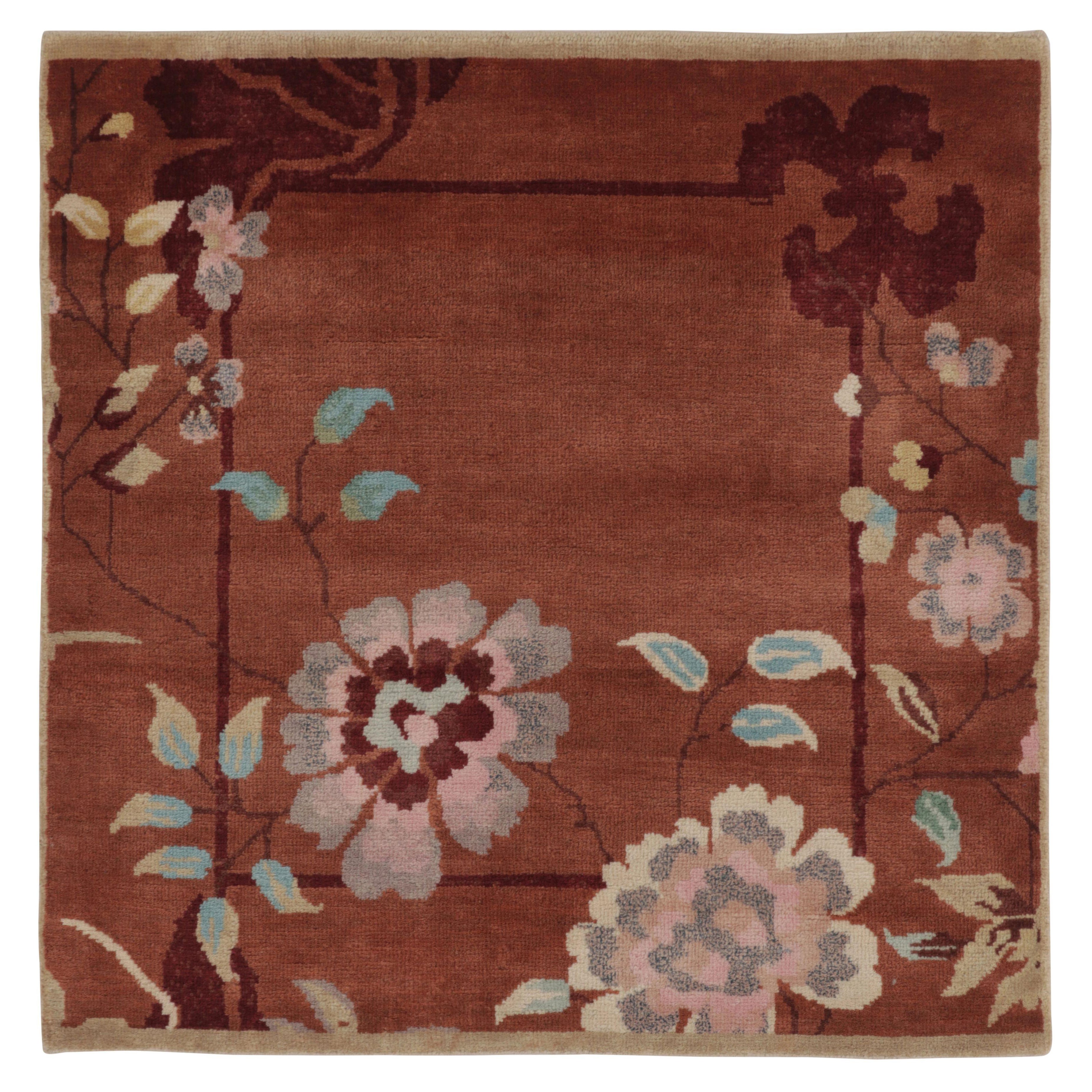 Rug 
Kilim’s Chinese Art Deco Inspired Square Rug, Vibrant Florals on Rust