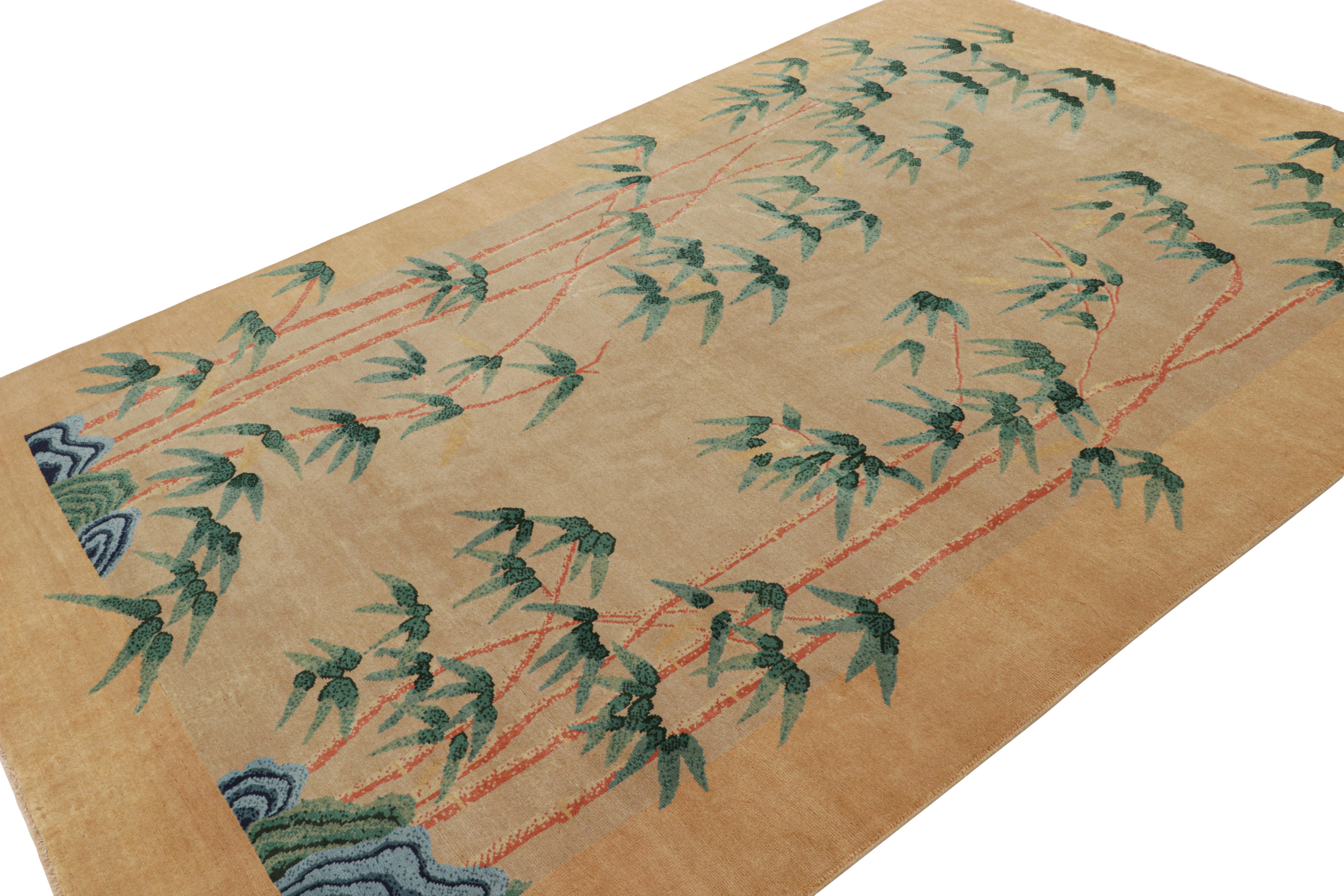 Handgeknüpfter Wollteppich 6x9 im chinesischen Art-Déco-Stil, inspiriert von seltenen Stücken im Nichols-Stil der 1920er Jahre. 

Über das Design: 

Dieser Teppich greift den chinesischen Art-Déco-Stil der 1920er Jahre wieder auf. Das florale Muster