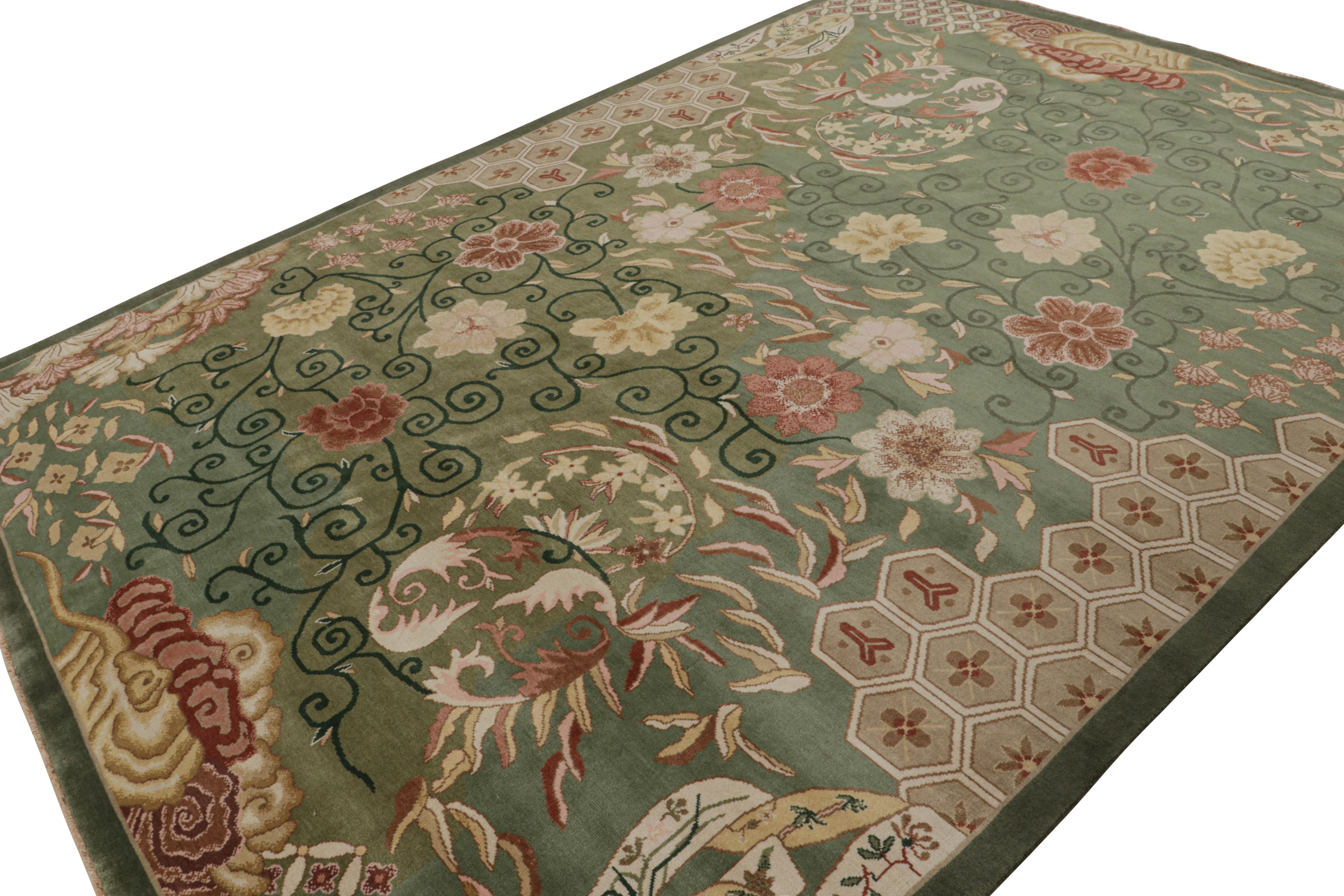 Hand knotted in wool, a 9x12 Chinese art deco style rug inspired by rare period pieces of the 1920s Nichols style. 

On the Design: 

The design boasts an all over floral pattern in tones of green & brown. Keen eyes will admire the fine detailing in