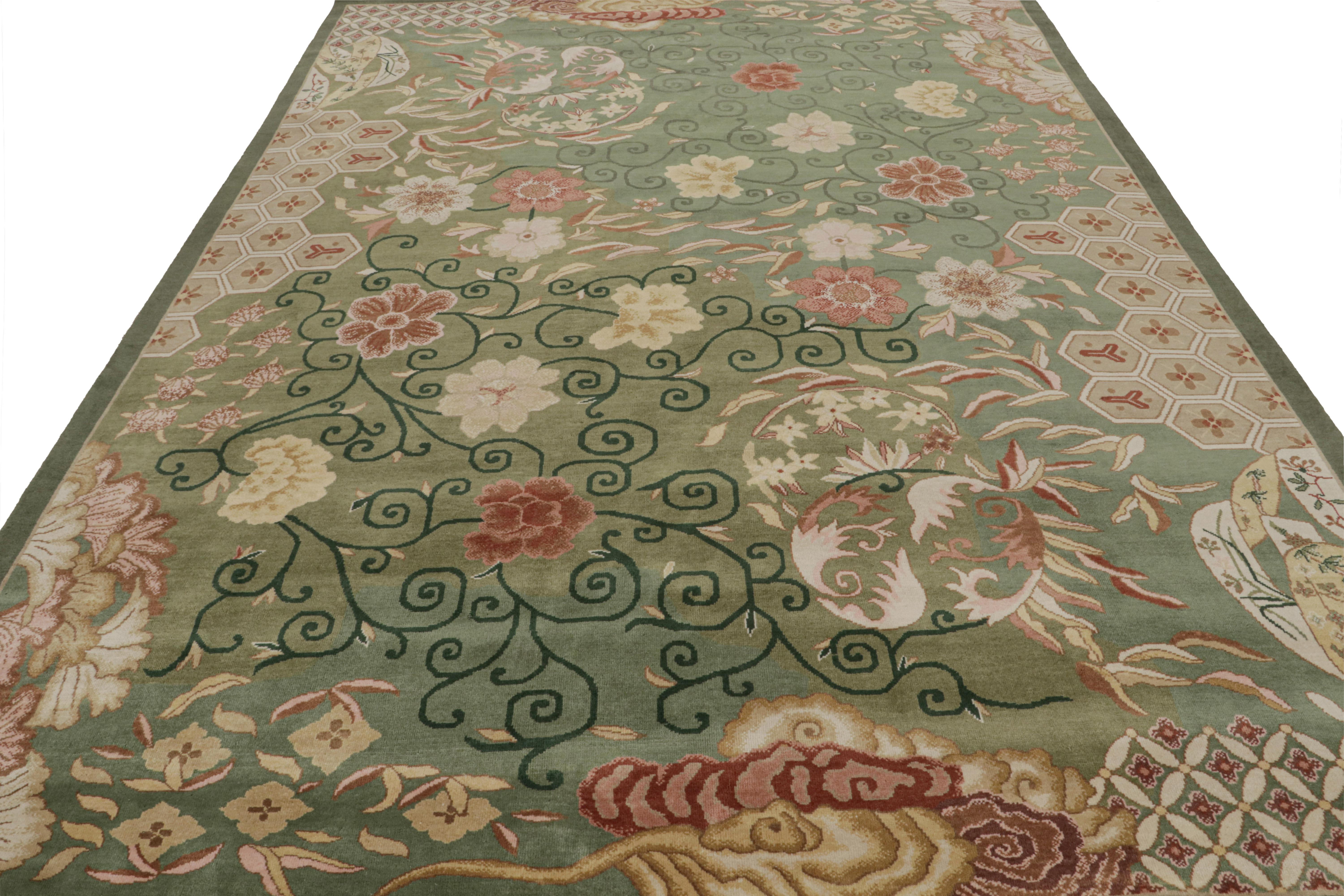 Indian Rug & Kilim’s Chinese Art Deco Nichols Style Rug with Floral Patterns For Sale