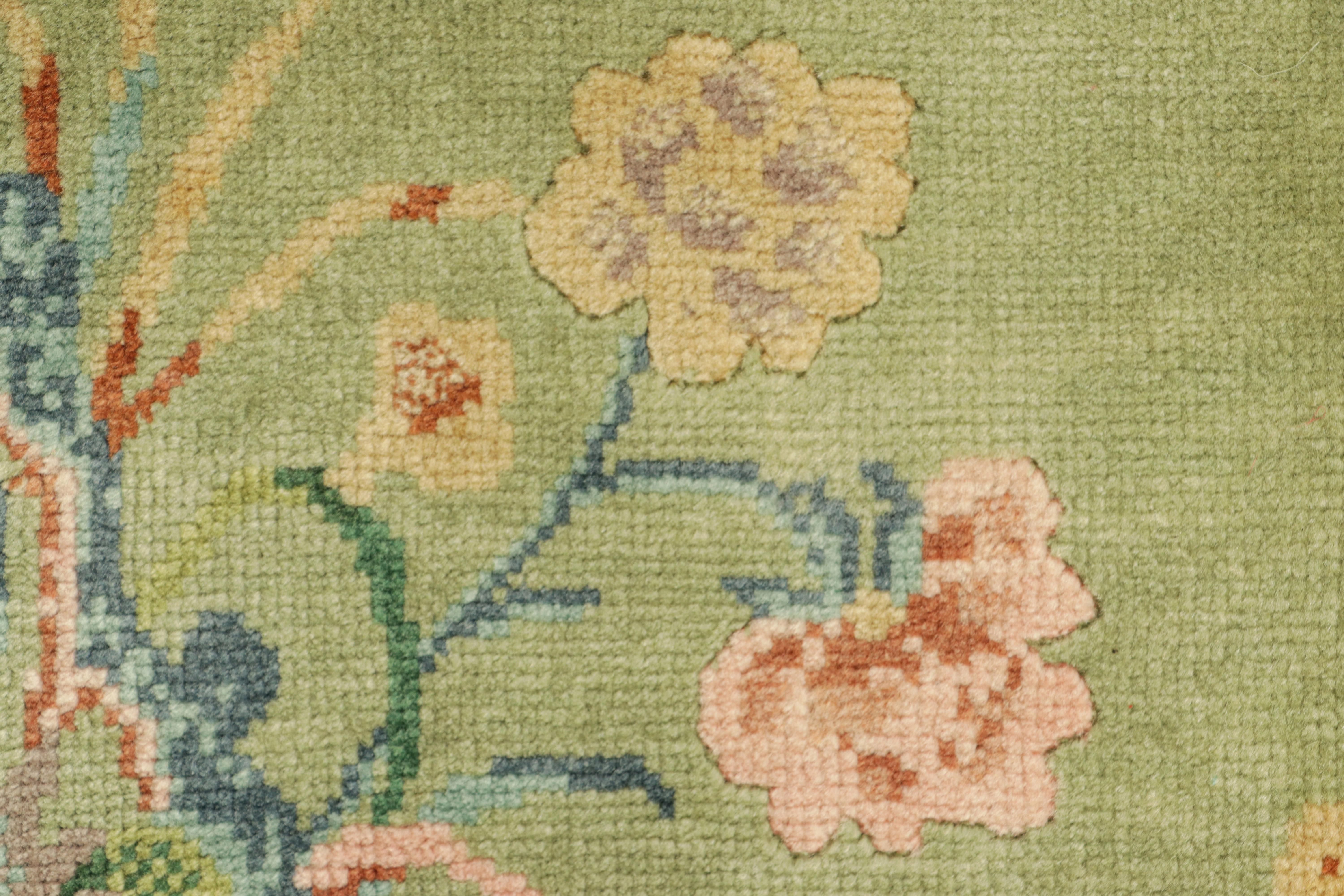 Indian Rug & Kilim’s Chinese Art Deco Rug in Blue and Green with Floral Patterns For Sale