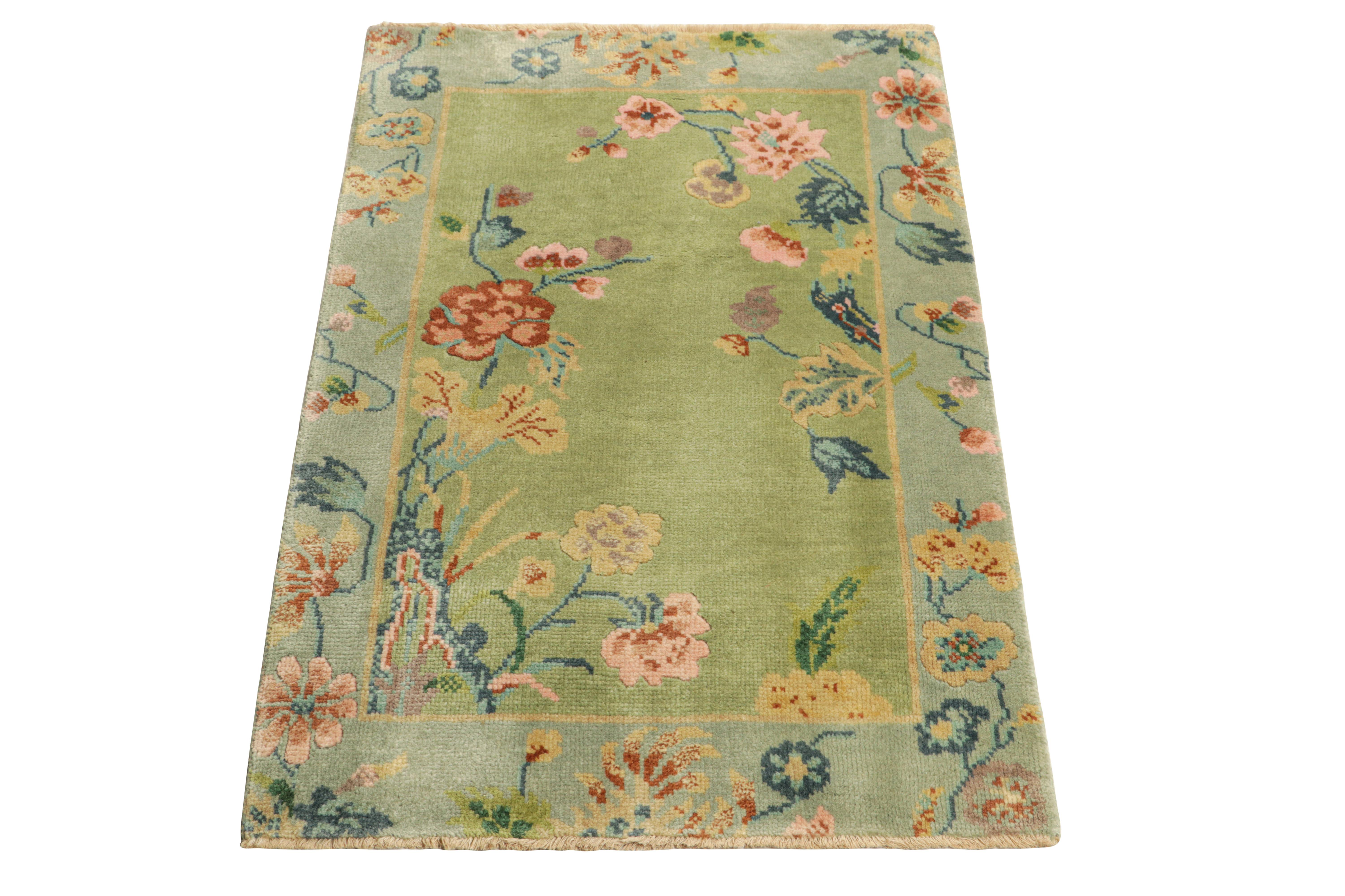 Rug & Kilim’s Chinese Art Deco Rug in Blue and Green with Floral Patterns In New Condition For Sale In Long Island City, NY