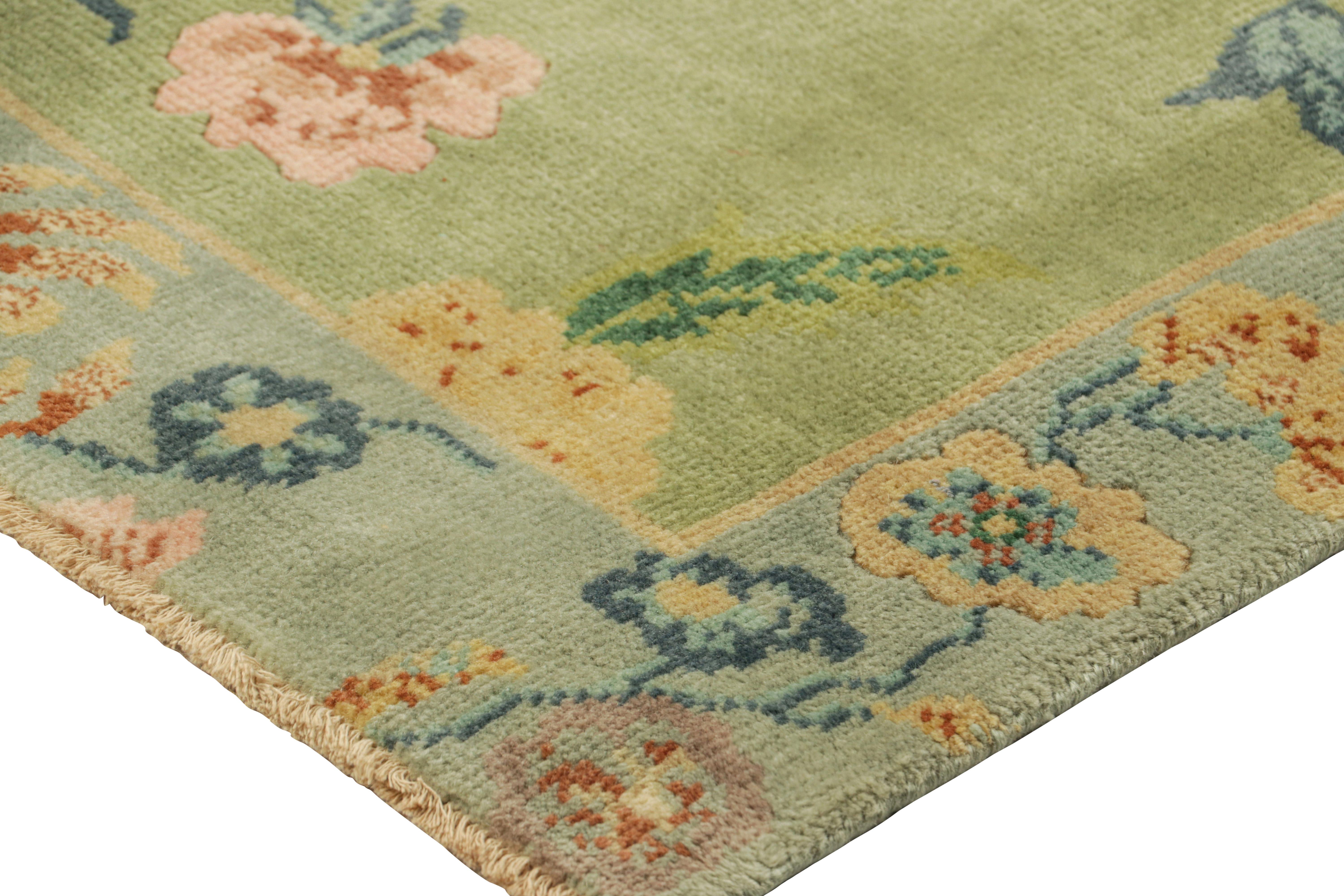 Contemporary Rug & Kilim’s Chinese Art Deco Rug in Blue and Green with Floral Patterns For Sale