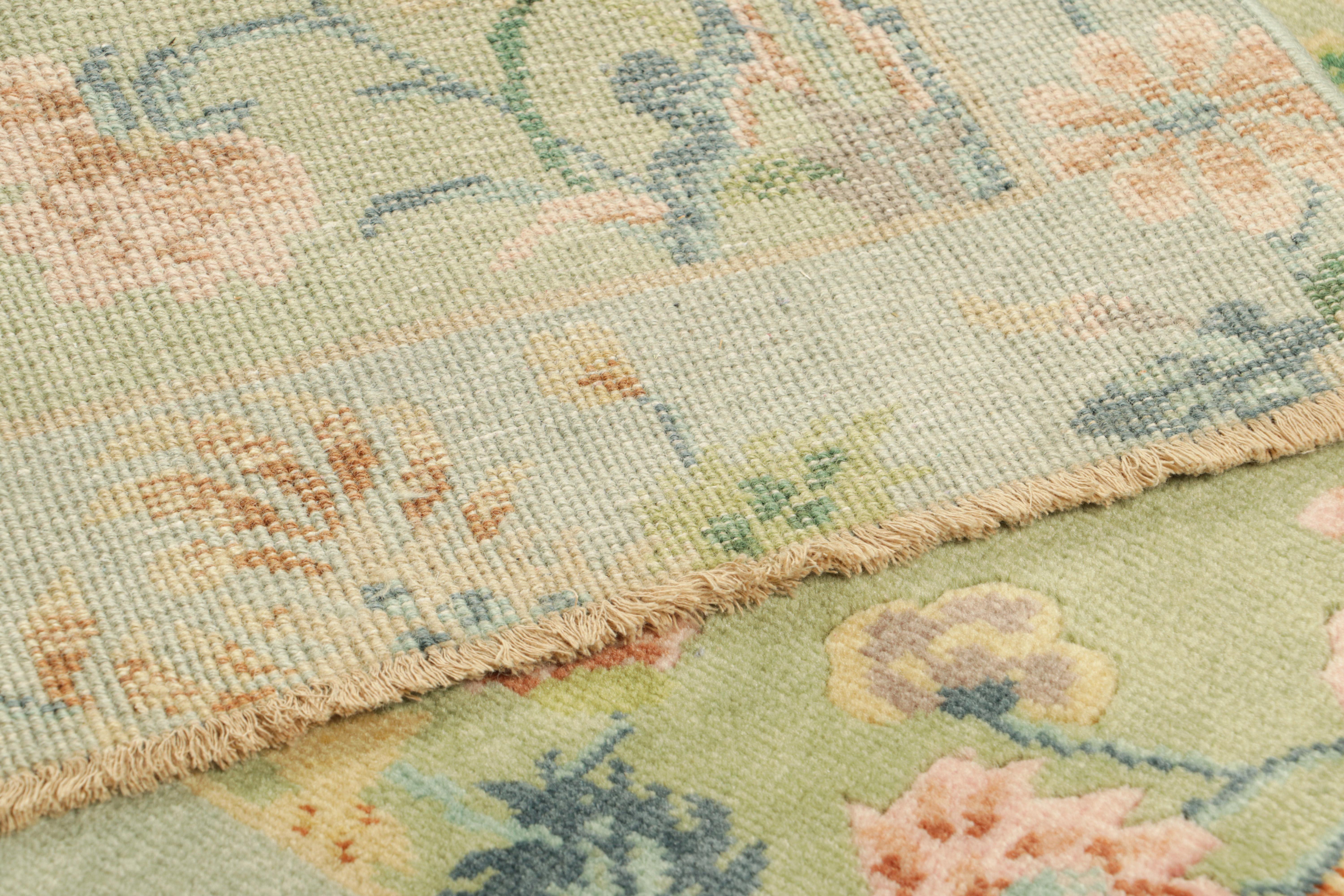 Wool Rug & Kilim’s Chinese Art Deco Rug in Blue and Green with Floral Patterns For Sale