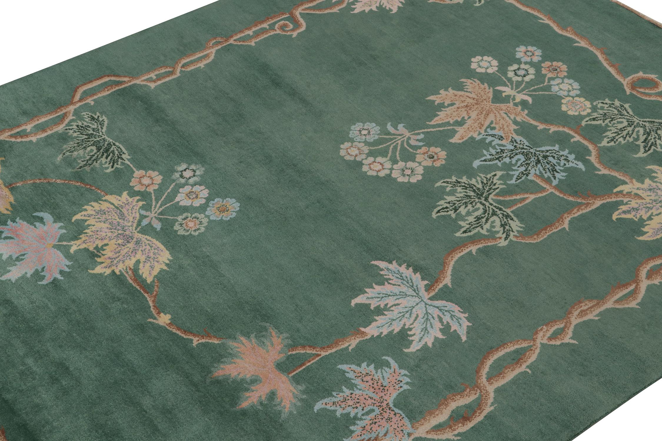 Indian Rug & Kilim’s Chinese Art Deco Rug in Green with Brown and Blue Floral Patterns For Sale