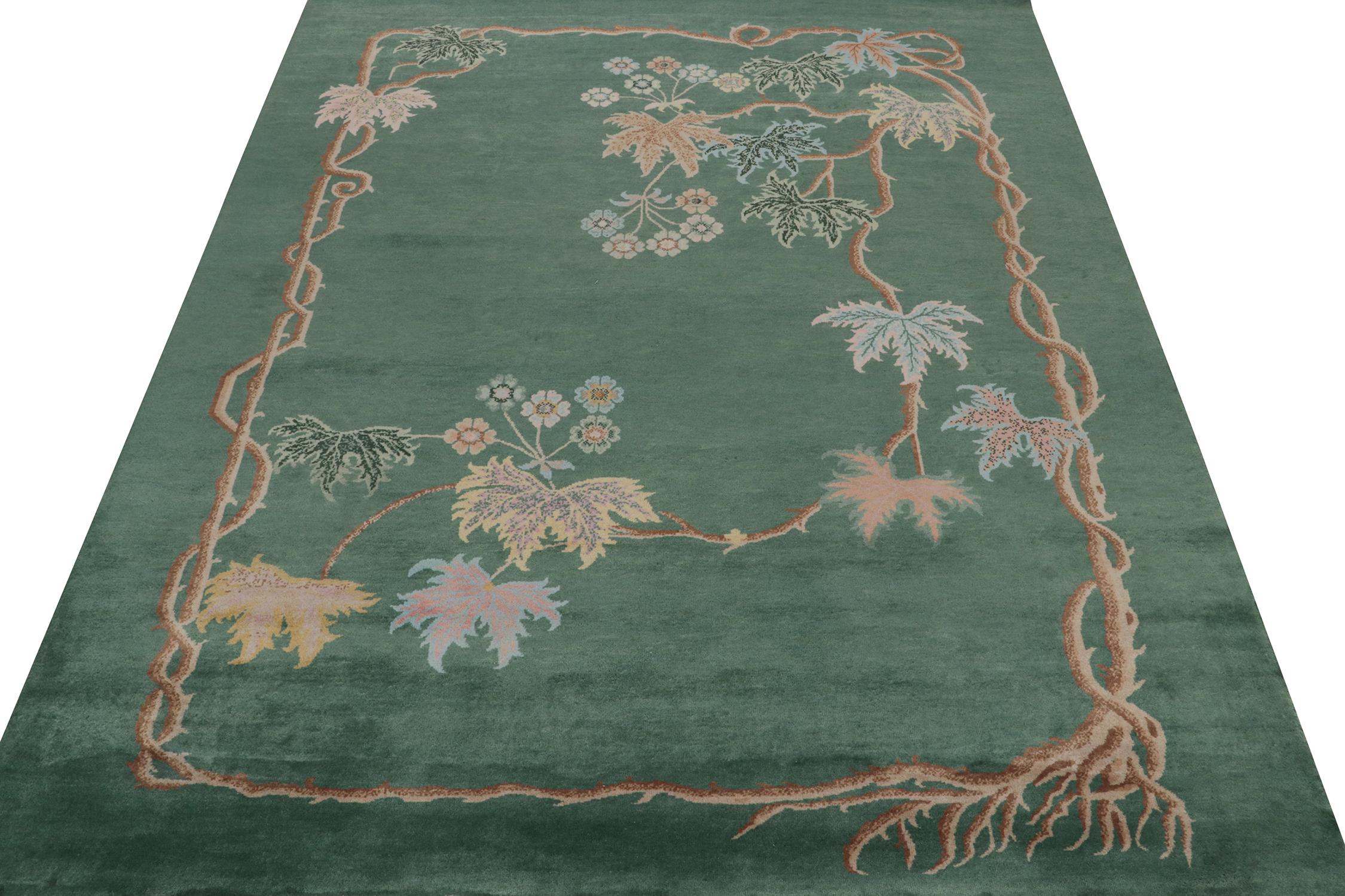 Chinesischer Art-Déco-Teppich aus Teppich und Kelim in Grün mit braunen und blauen Blumenmustern (Art déco) im Angebot