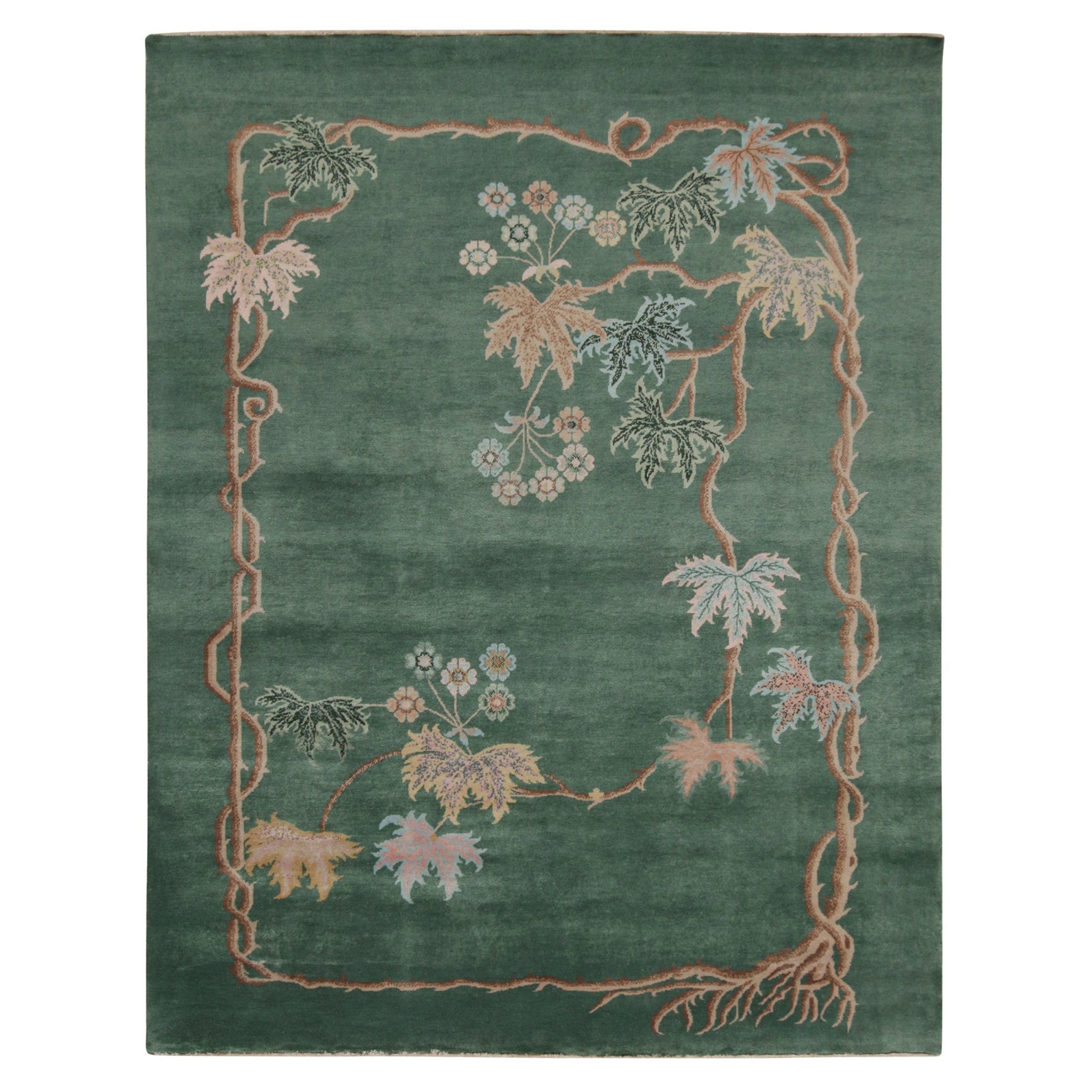 Rug & Kilim - Tappeto cinese Art Deco in verde con motivi floreali marroni e blu