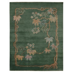 Rug & Kilim’s Chinese Art Deco Rug in Green with Brown and Blue Floral Patterns