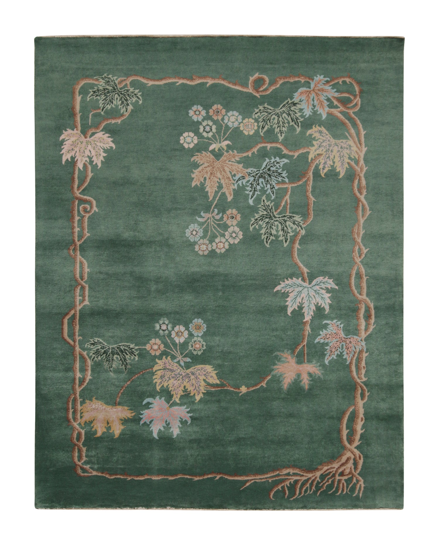 Rug & Kilim - Tappeto cinese Art Deco in verde con motivi floreali marroni e blu