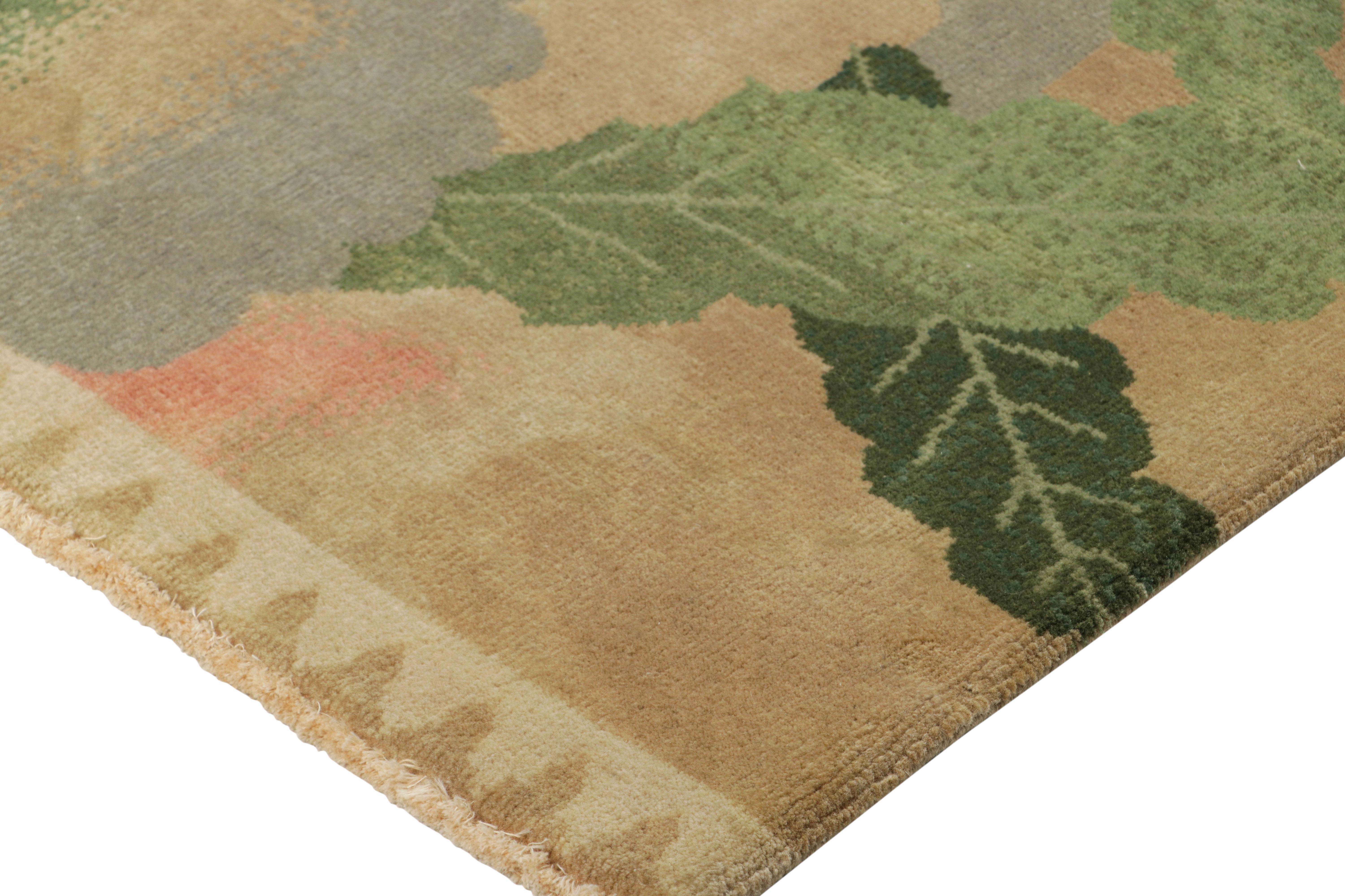 Indian Rug & Kilim’s Chinese Art Deco Rug Sample, Brown with Colorful Floral Patterns For Sale