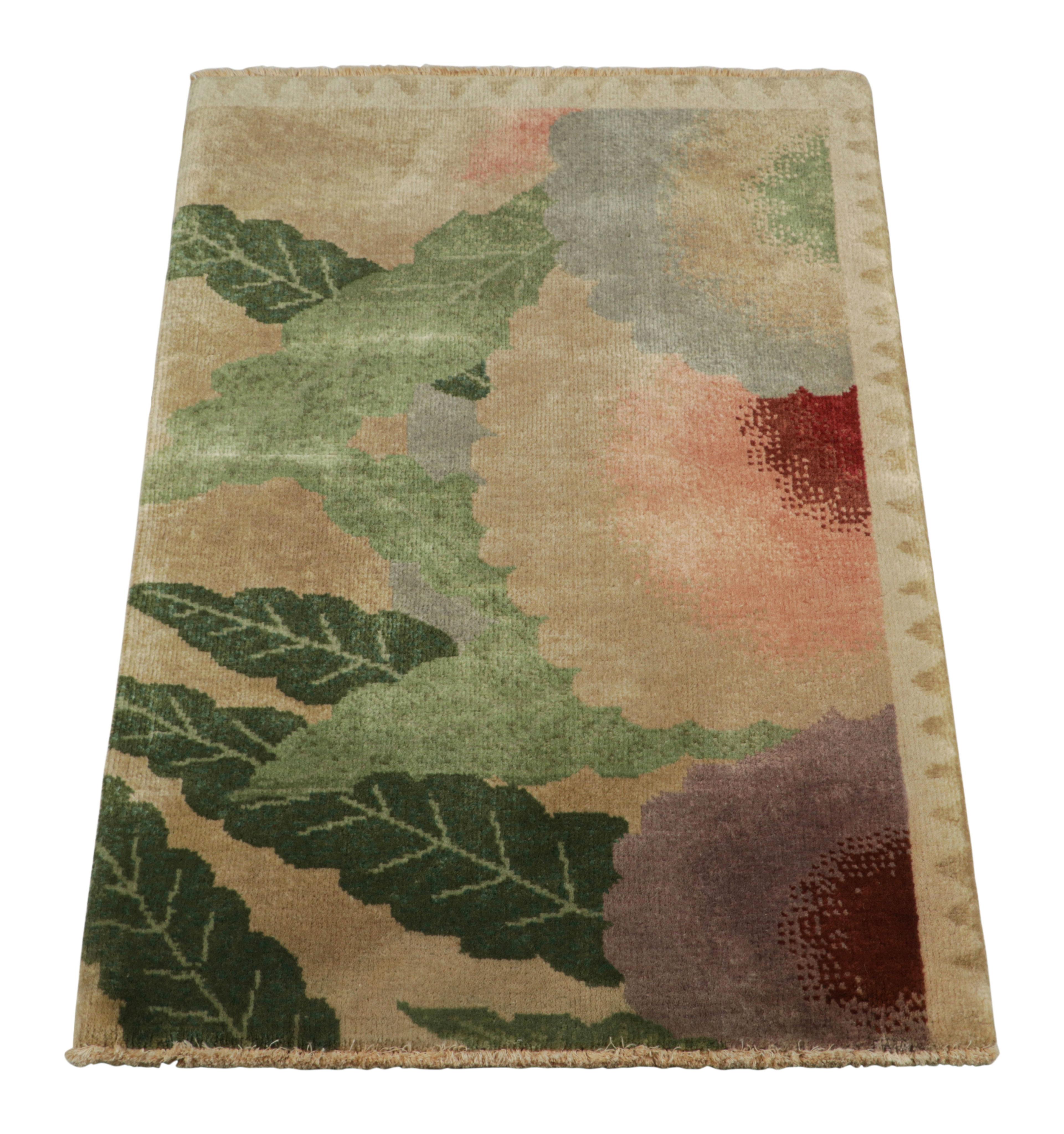 Hand-Knotted Rug & Kilim’s Chinese Art Deco Rug Sample, Brown with Colorful Floral Patterns For Sale