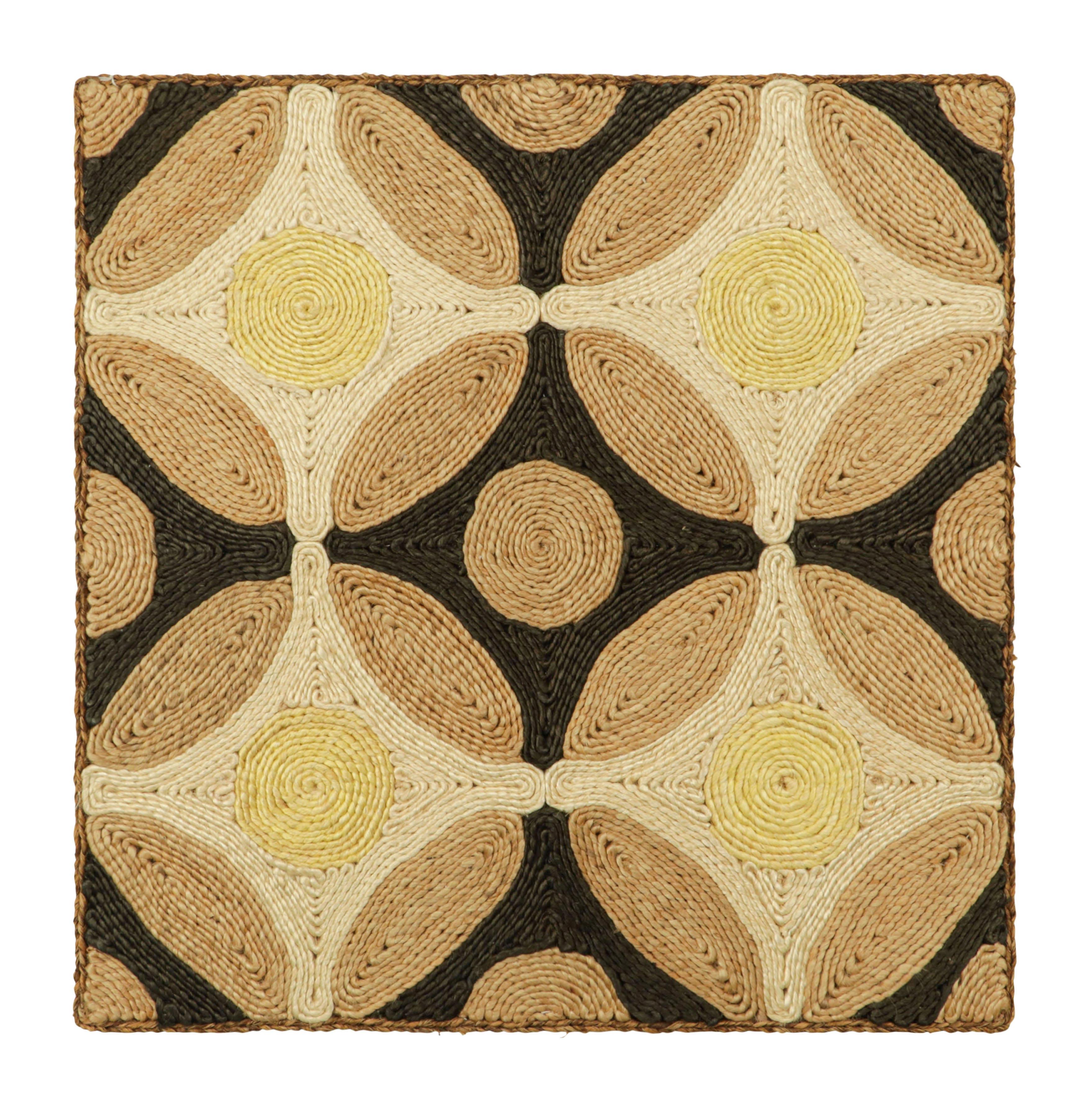 Indian Rug & Kilim’s Abaca Custom Rug Sample, Black with Beige-Brown & Yellow Patterns For Sale