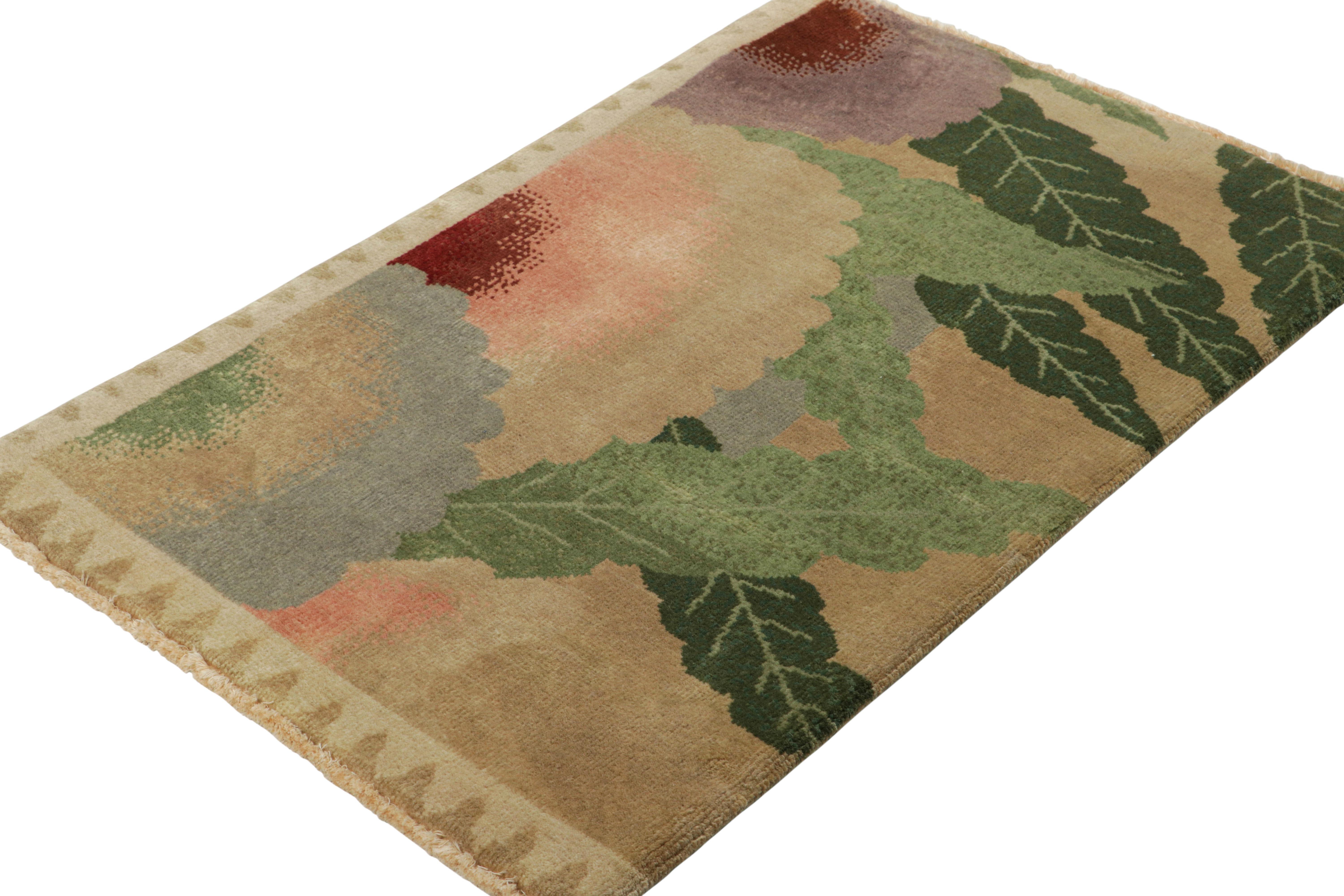 Rug & Kilim’s Chinese Art Deco Rug Sample, Brown with Colorful Floral Patterns In New Condition For Sale In Long Island City, NY