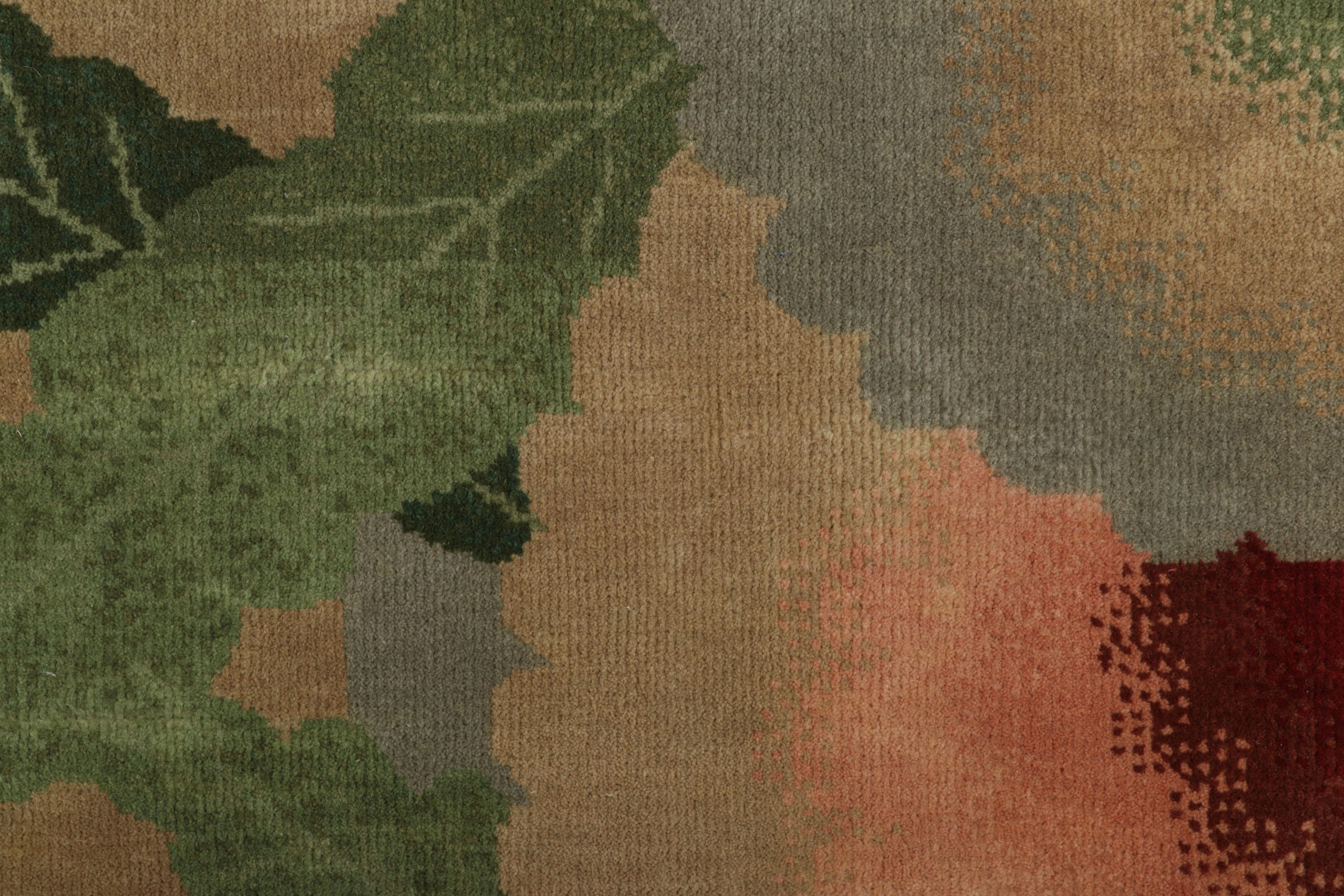 Contemporary Rug & Kilim’s Chinese Art Deco Rug Sample, Brown with Colorful Floral Patterns For Sale