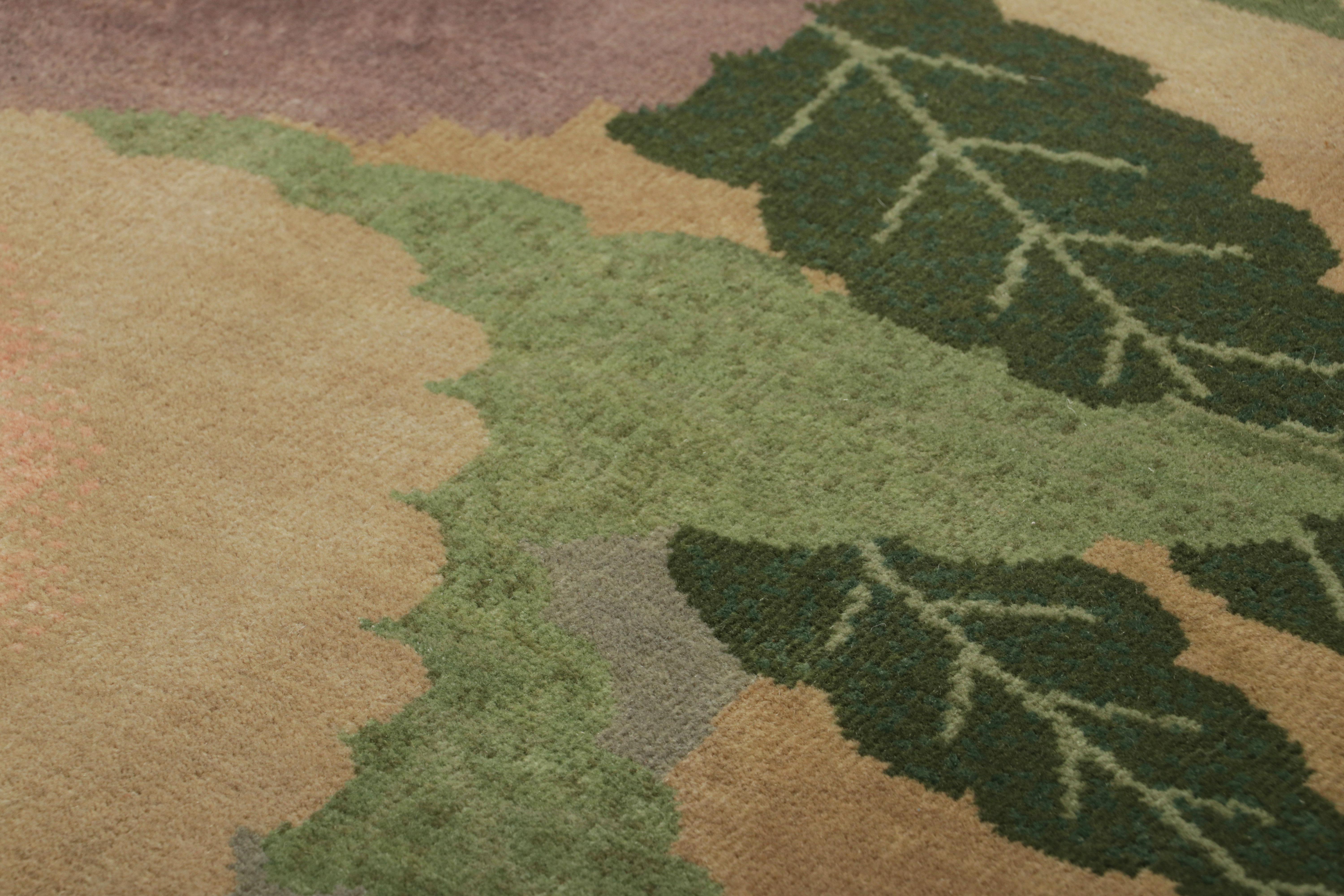 Wool Rug & Kilim’s Chinese Art Deco Rug Sample, Brown with Colorful Floral Patterns For Sale
