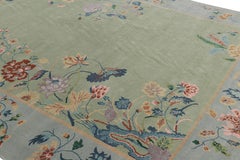 Rug & Kilim’s Chinese Art Deco Style Floral Rug in Green and Blue