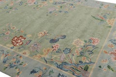 Rug & Kilim’s Chinese Art Deco Style Floral Rug in Green and Blue