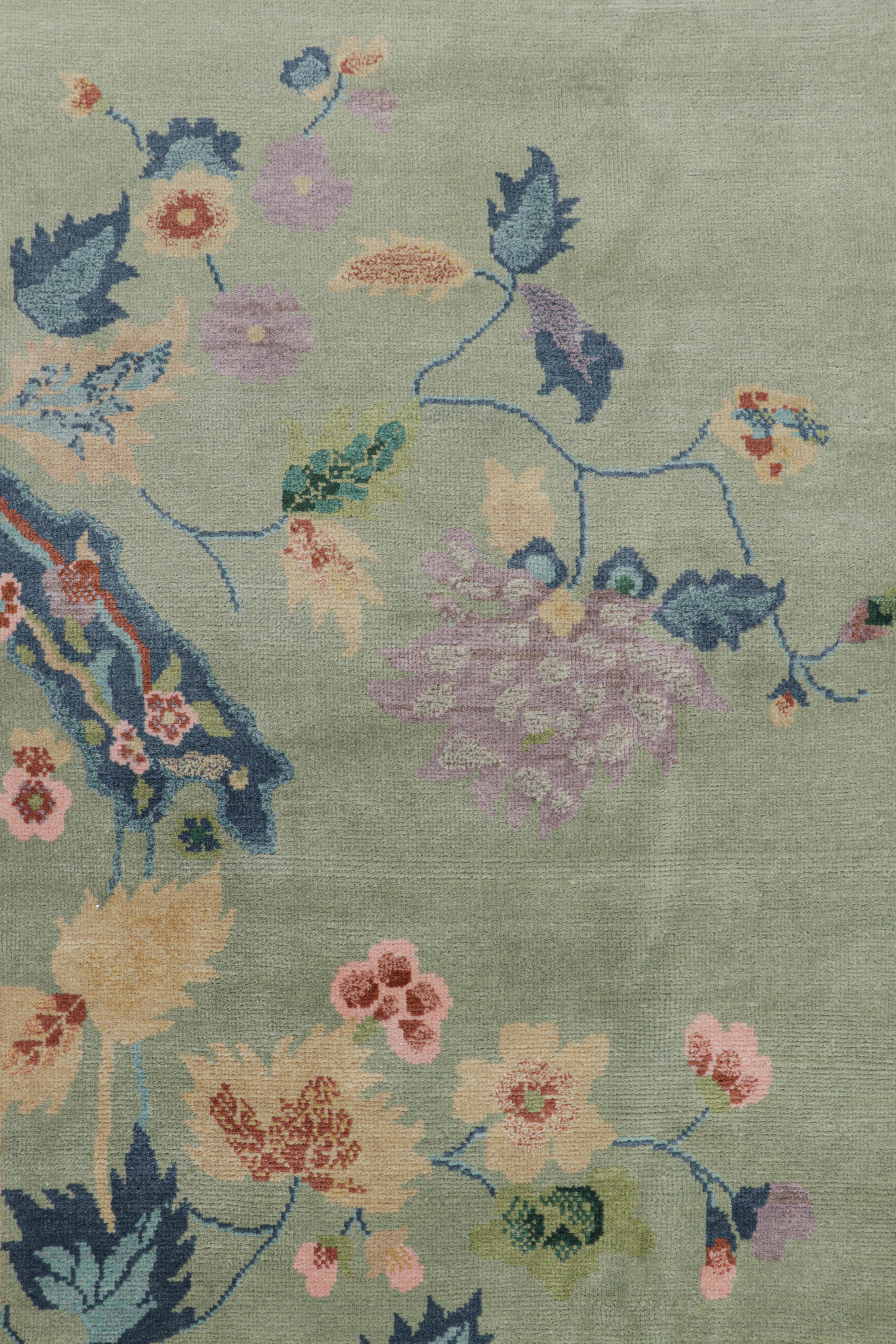 Indian Rug & Kilim’s Chinese Art Deco Style Floral Rug in Green and Blue For Sale