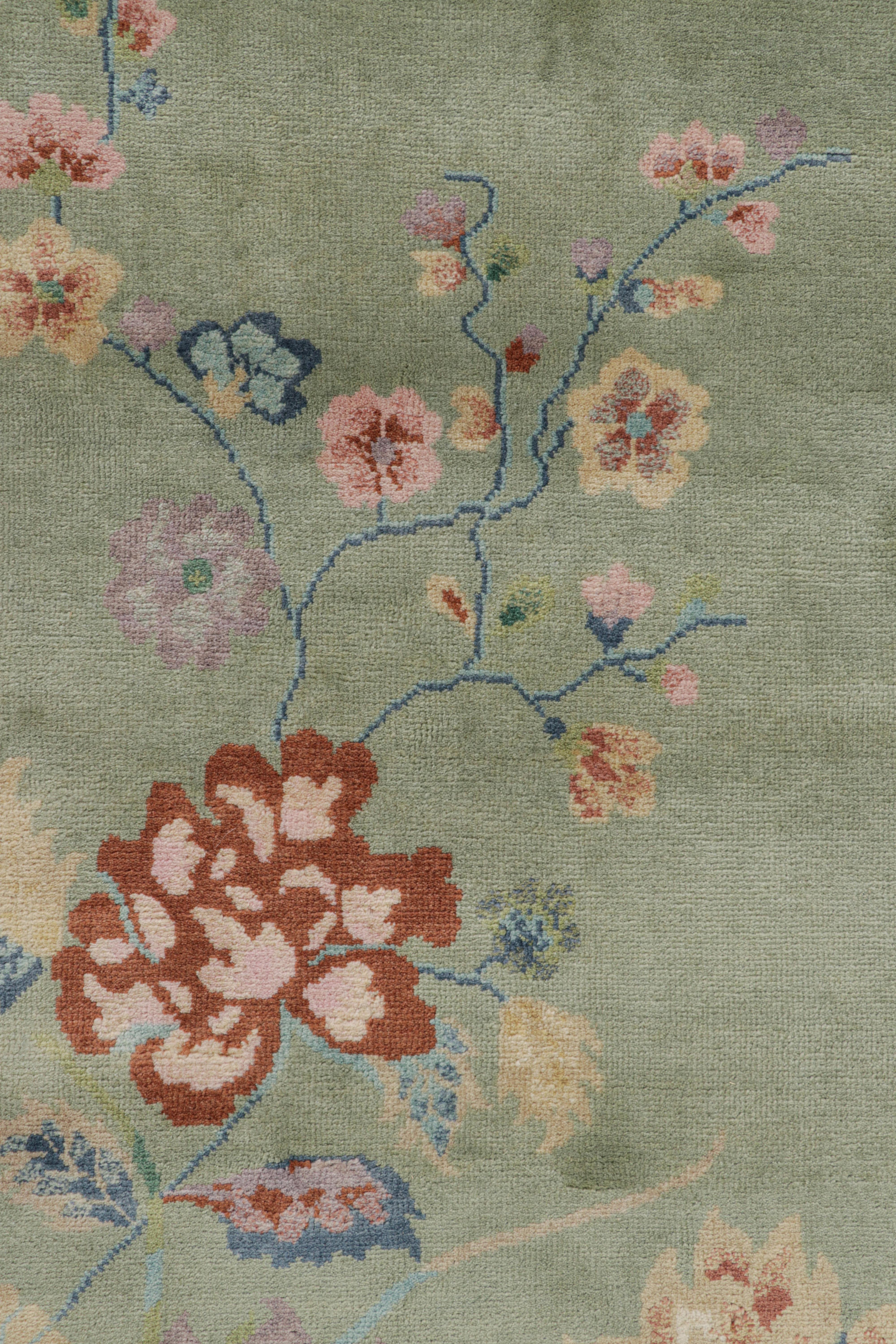 Indian Rug & Kilim’s Chinese Art Deco Style Floral Rug in Green and Blue For Sale