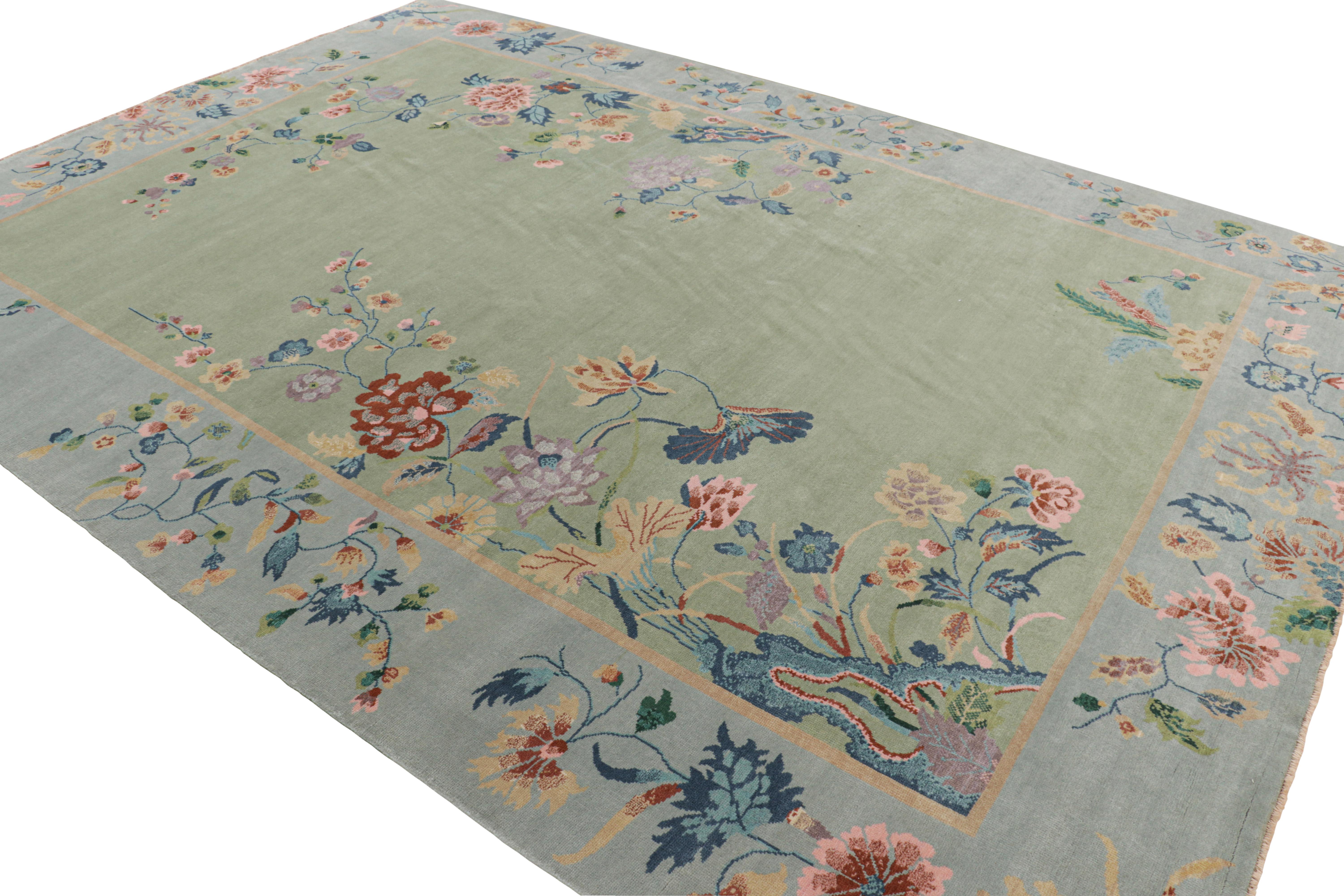 Hand-Knotted Rug & Kilim’s Chinese Art Deco Style Floral Rug in Green and Blue For Sale