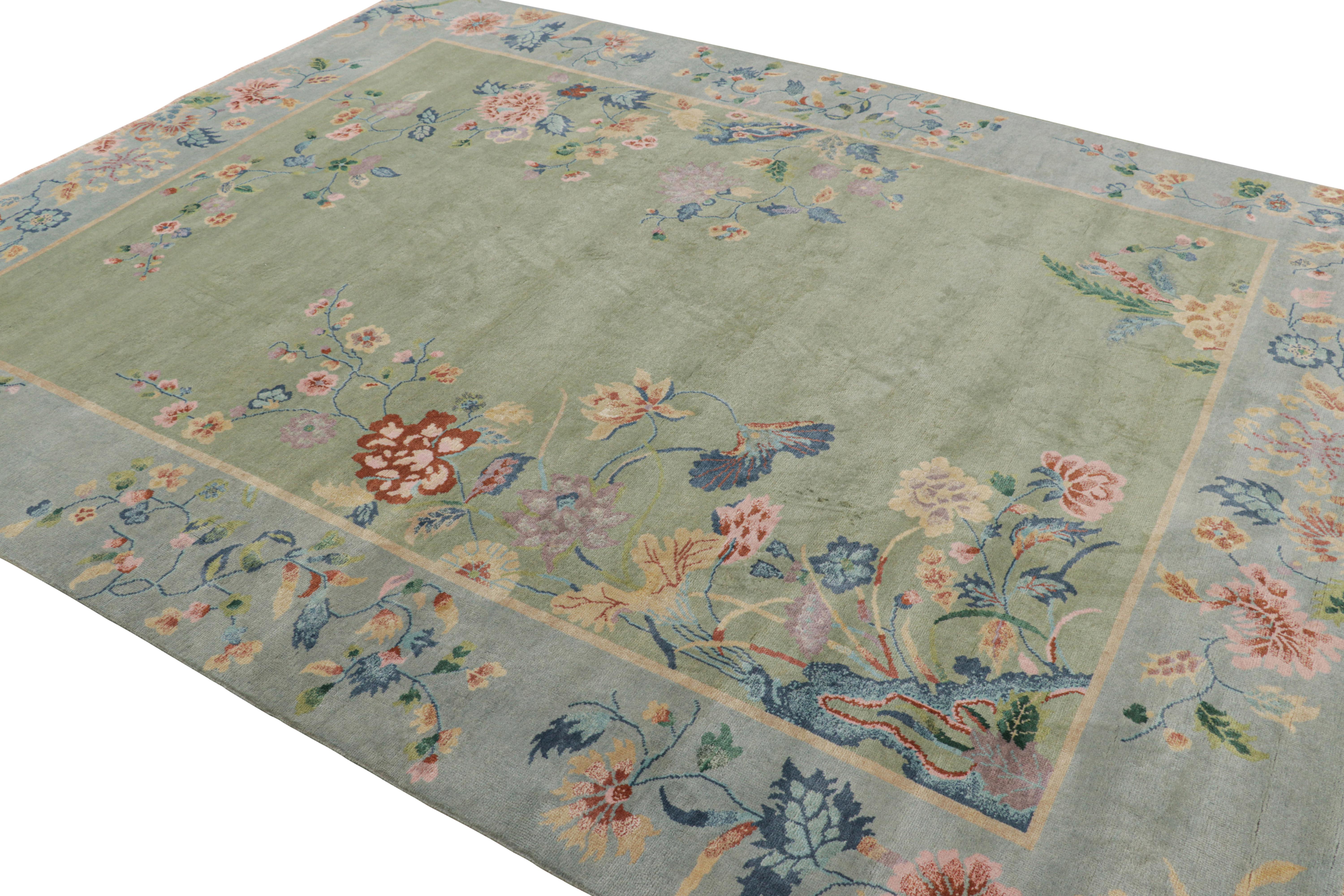 Hand-Knotted Rug & Kilim’s Chinese Art Deco Style Floral Rug in Green and Blue For Sale