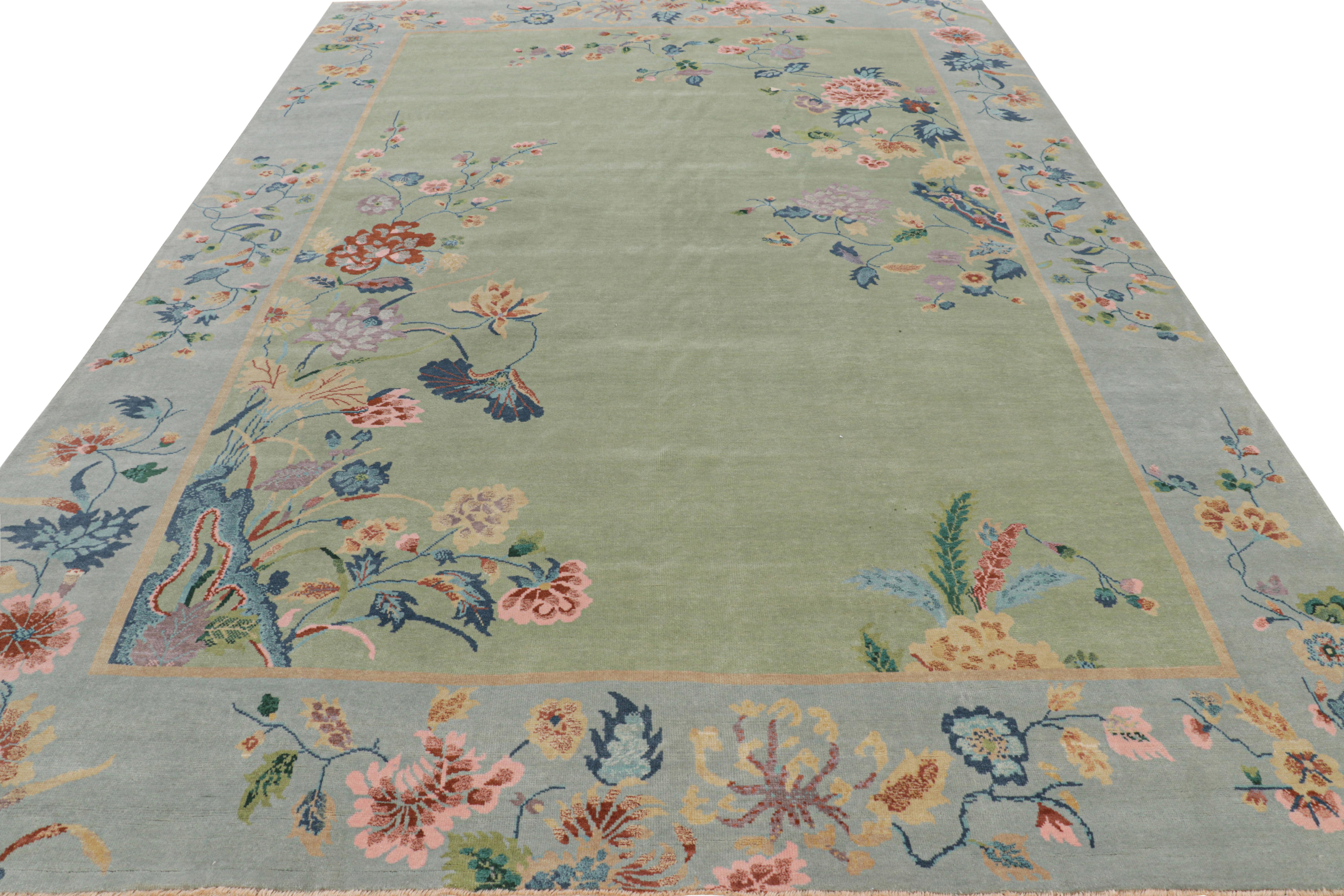 Rug & Kilim’s Chinese Art Deco Style Floral Rug in Green and Blue In New Condition For Sale In Long Island City, NY