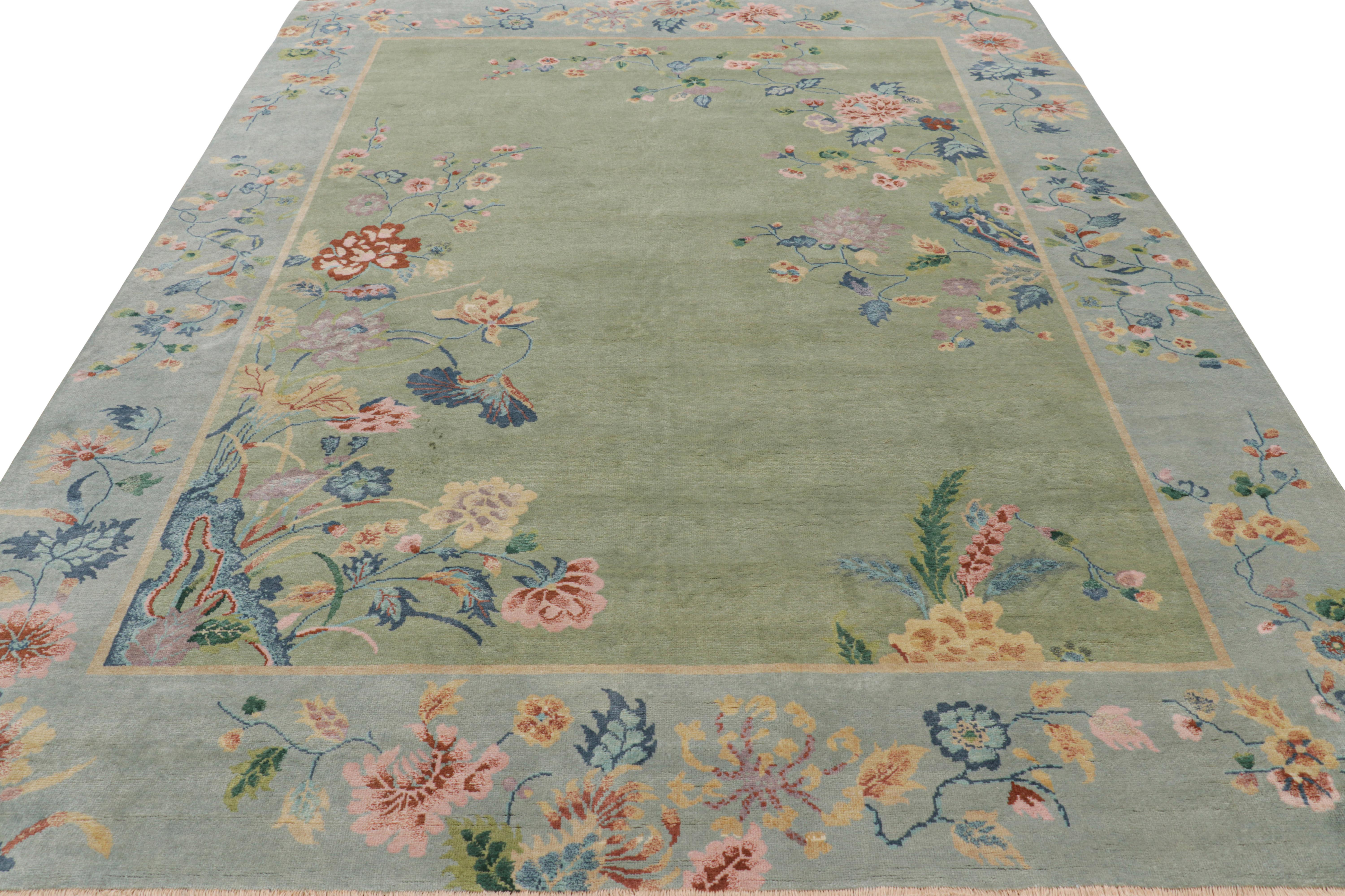 Rug & Kilim’s Chinese Art Deco Style Floral Rug in Green and Blue In New Condition For Sale In Long Island City, NY
