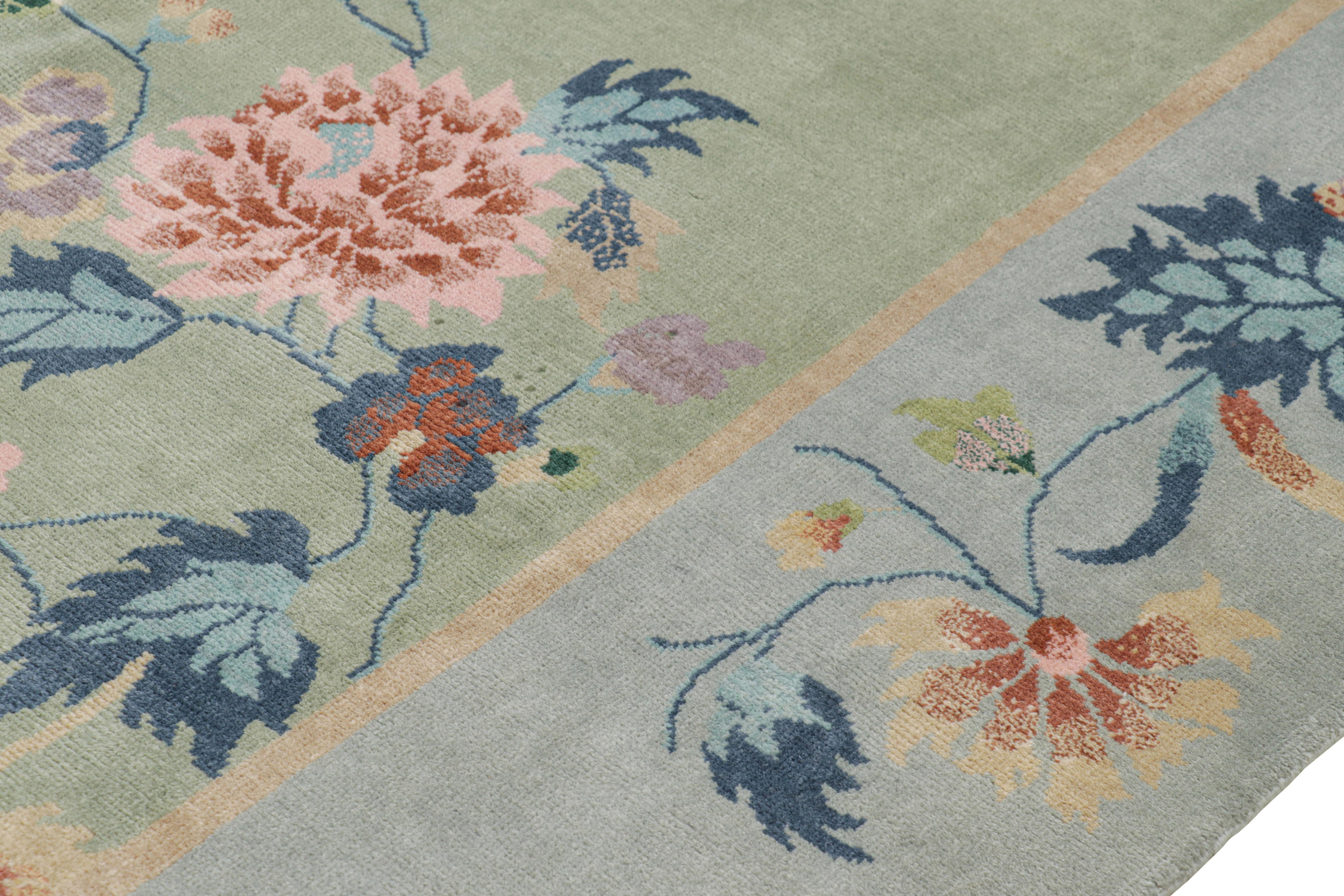 Contemporary Rug & Kilim’s Chinese Art Deco Style Floral Rug in Green and Blue For Sale