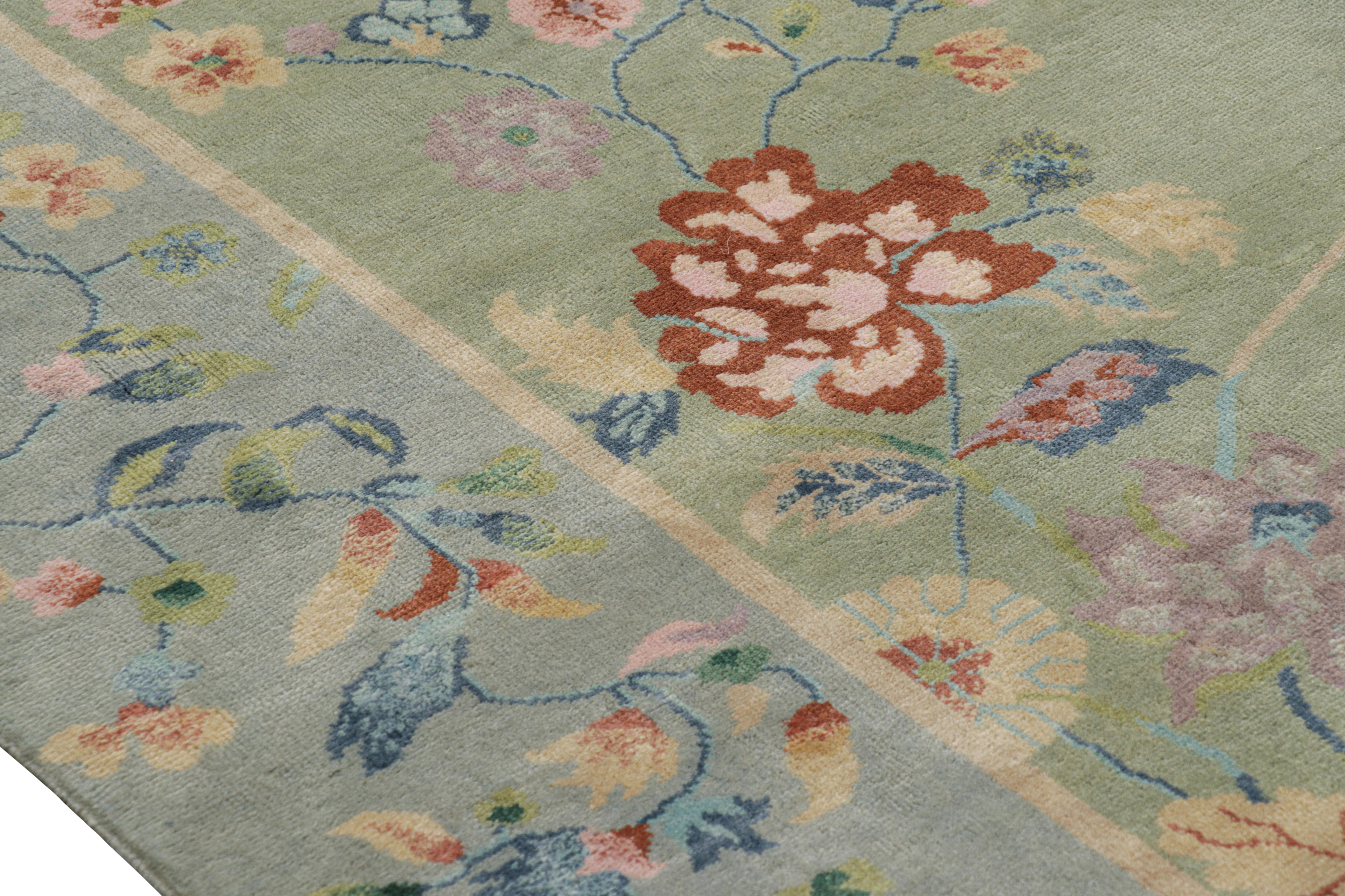 Contemporary Rug & Kilim’s Chinese Art Deco Style Floral Rug in Green and Blue For Sale