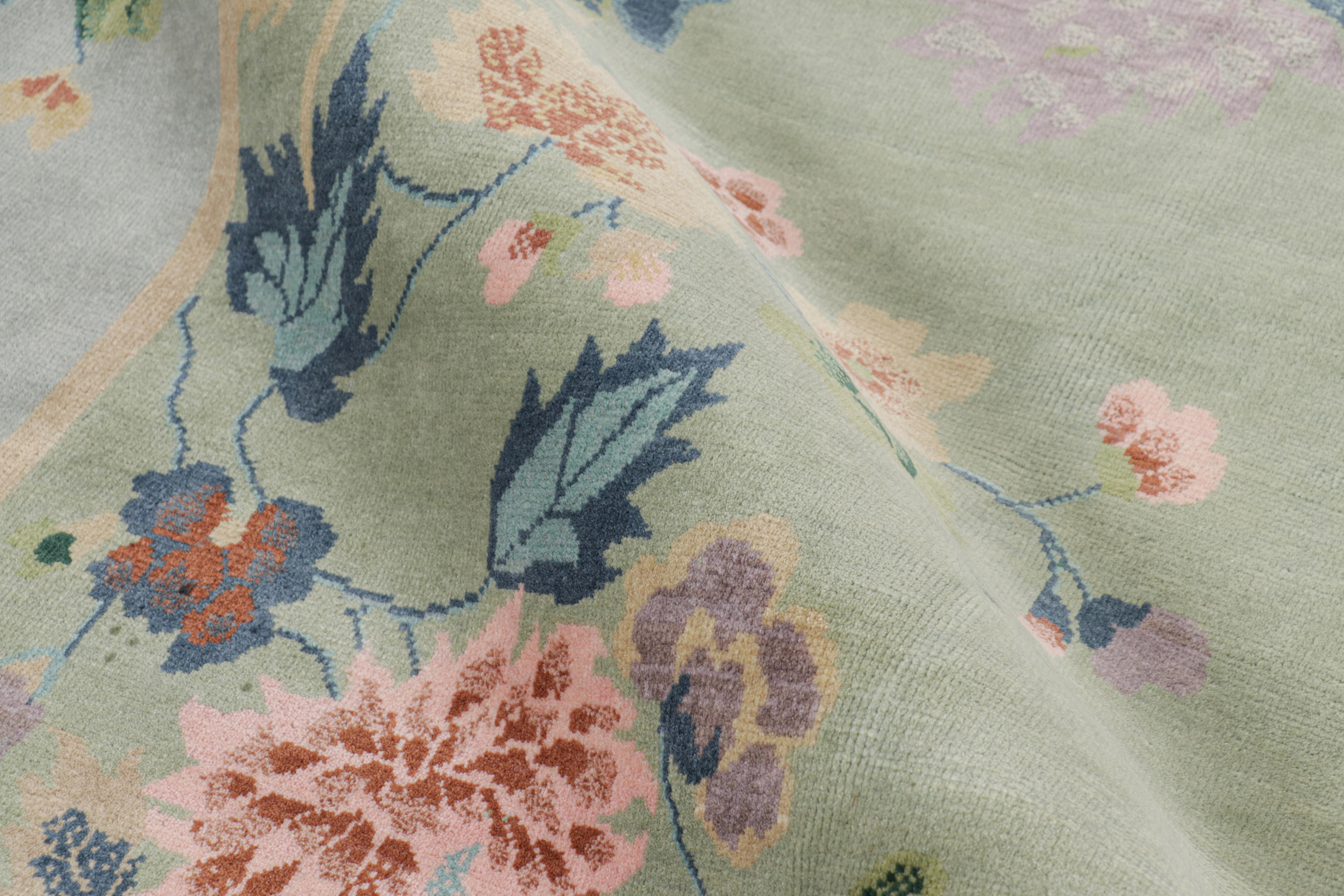 Wool Rug & Kilim’s Chinese Art Deco Style Floral Rug in Green and Blue For Sale