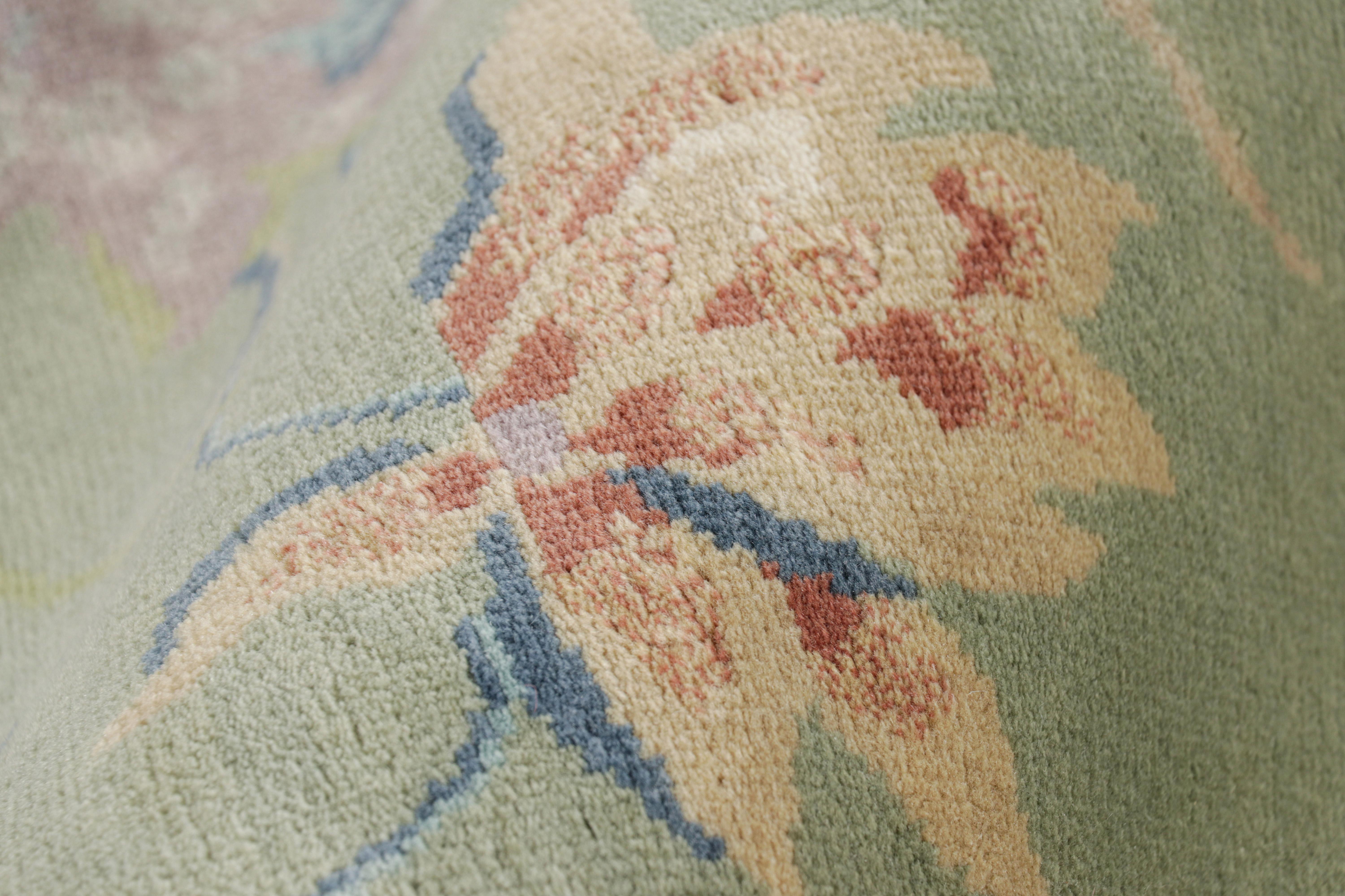 Wool Rug & Kilim’s Chinese Art Deco Style Floral Rug in Green and Blue For Sale